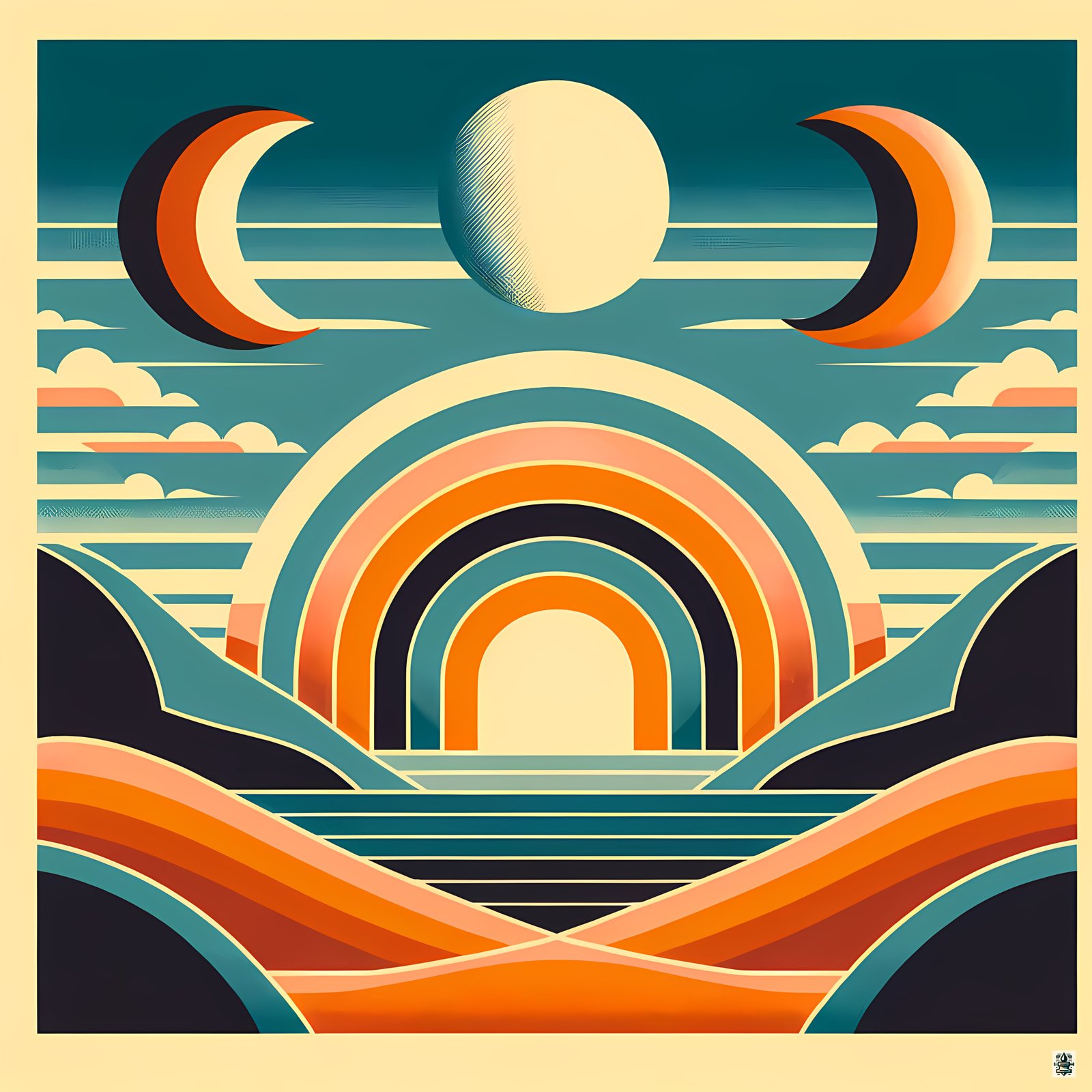 Retro Arch Landscape with Moon Phases