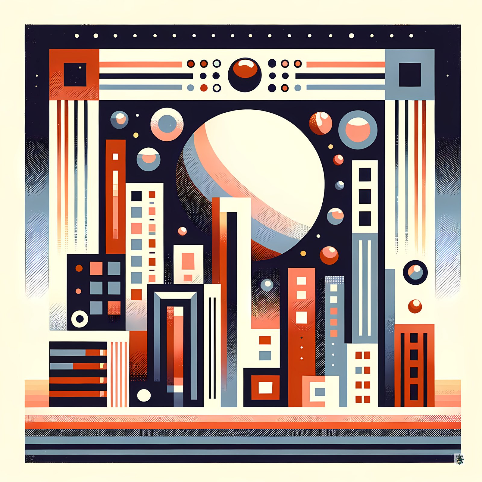 Retro Geometric Space Cityscape with Giant Planet