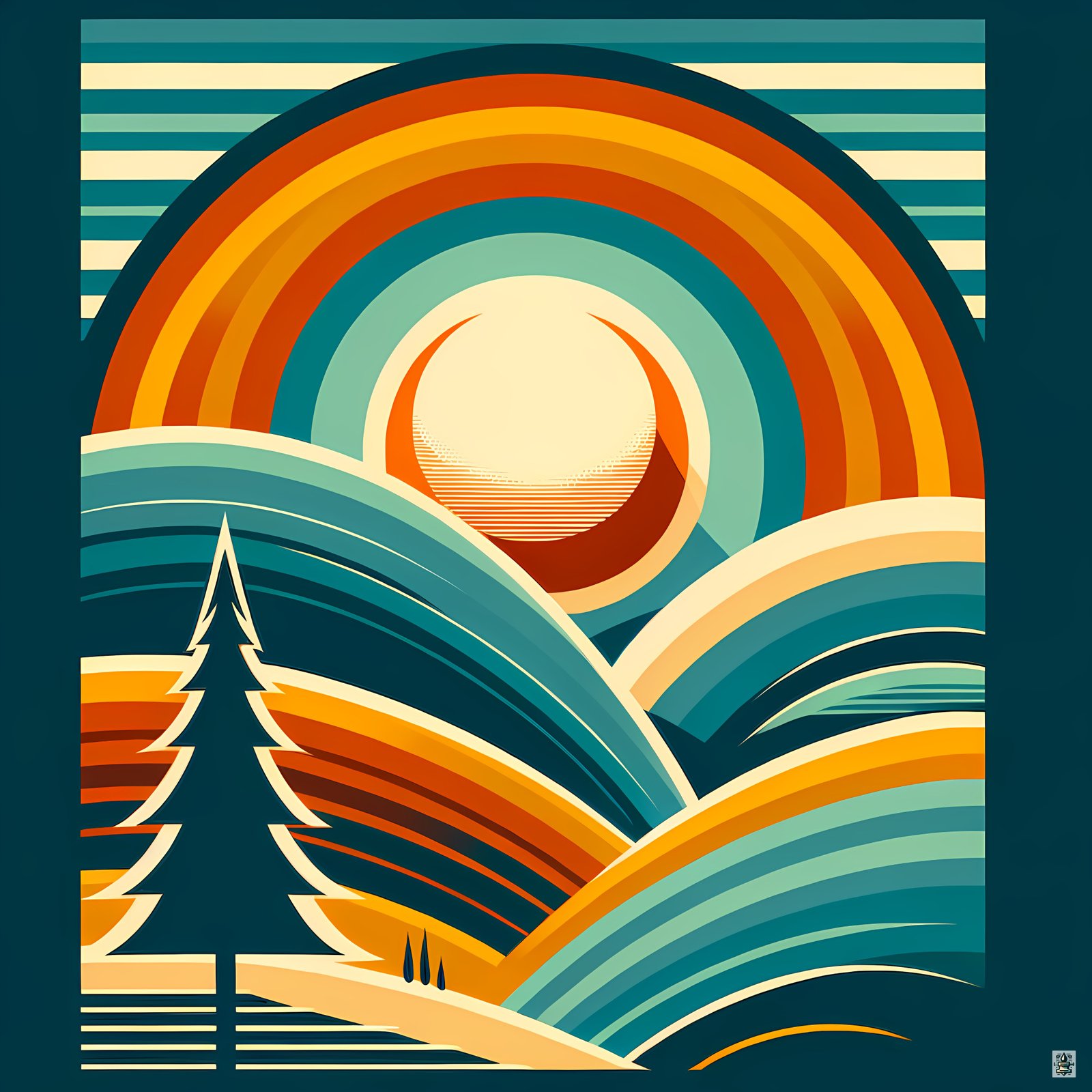 Geometric Sunset Over Rolling Hills