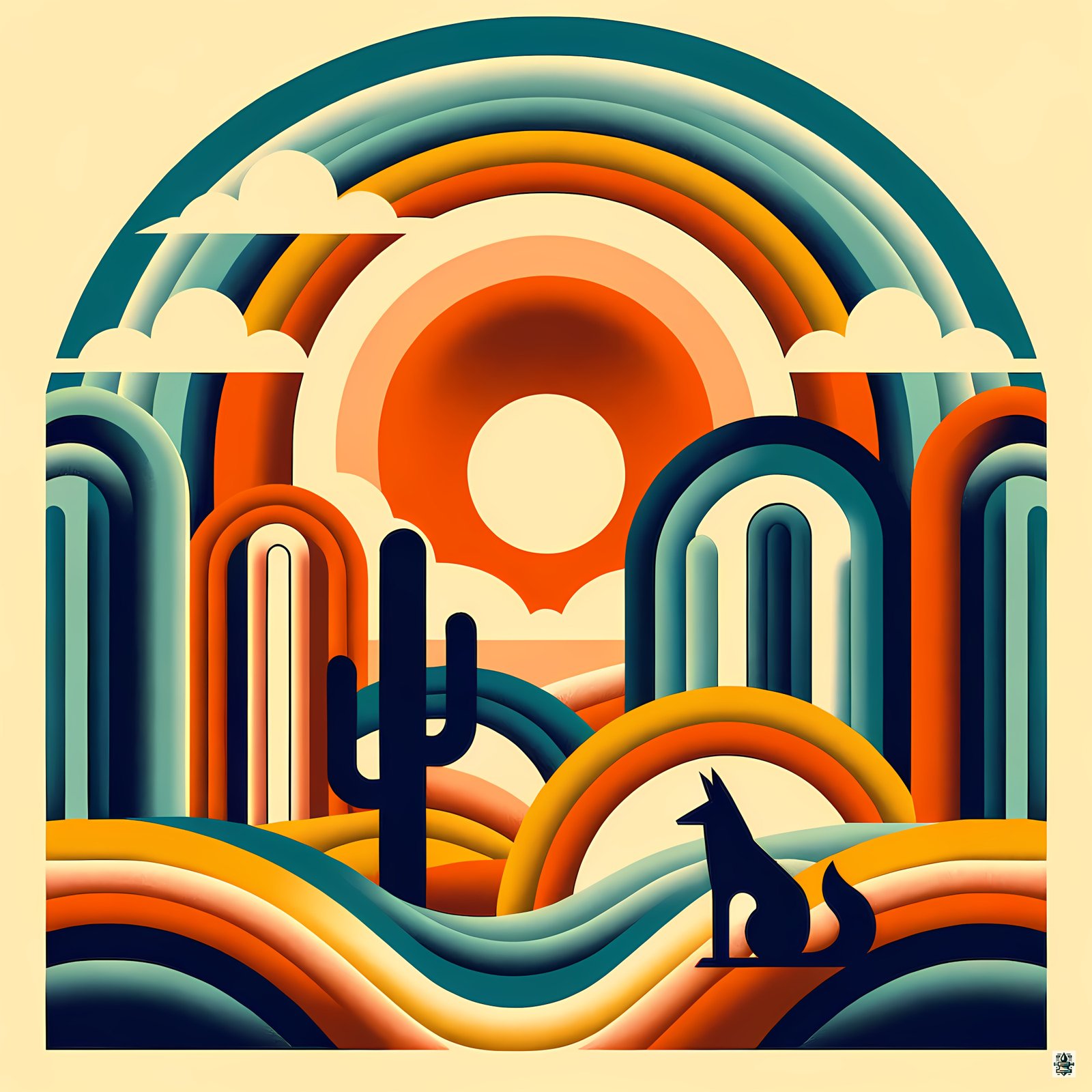 Geometric Desert Sunset with Fox and Cactus