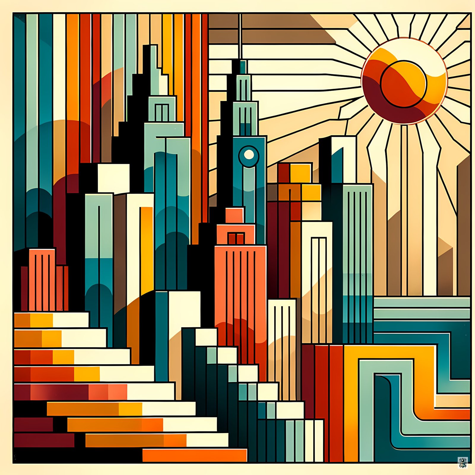 Geometric City Skyline at Sunset