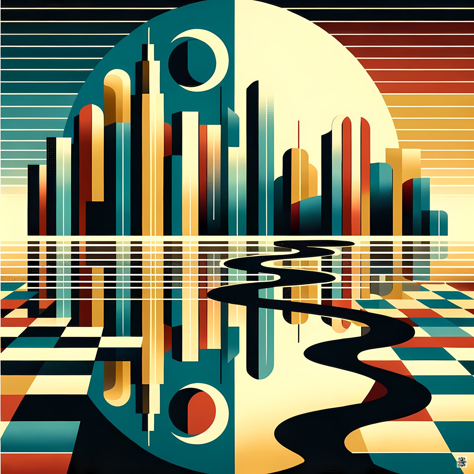 Retro Geometric Cityscape Reflection