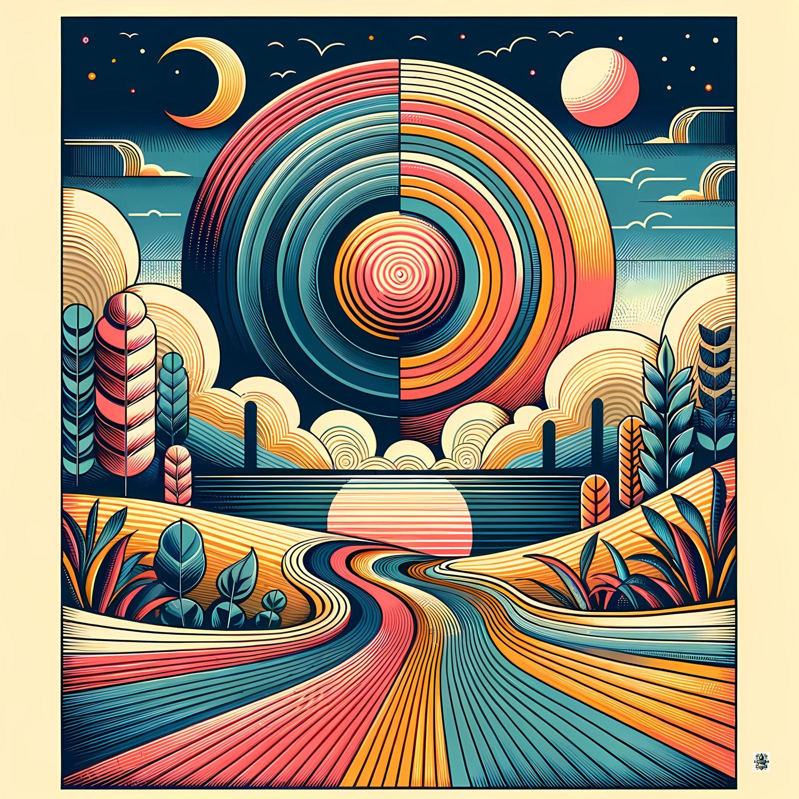 Retro Geometric Sunset Landscape with Spiral Sun