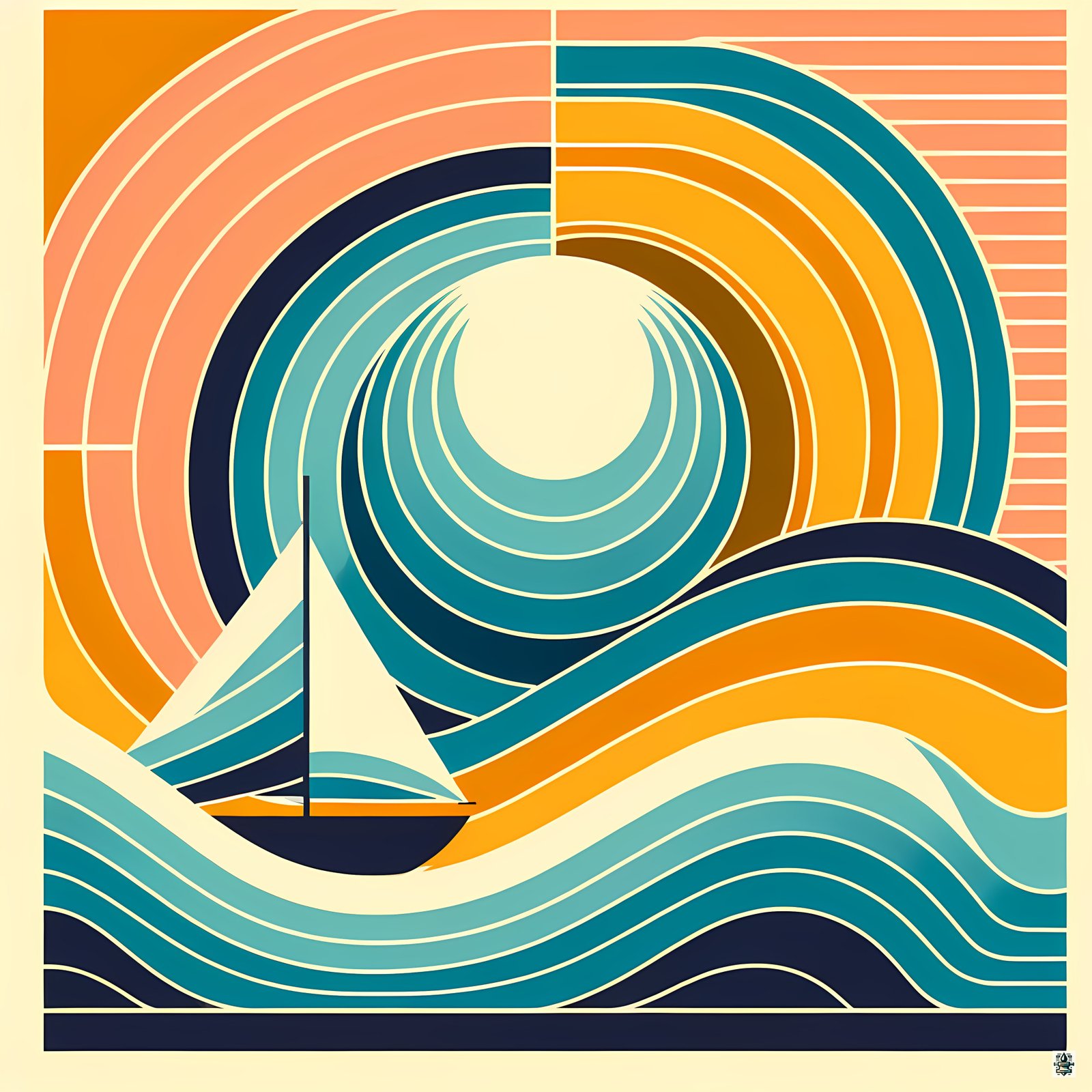 Geometric Sailboat at Sunset Waves