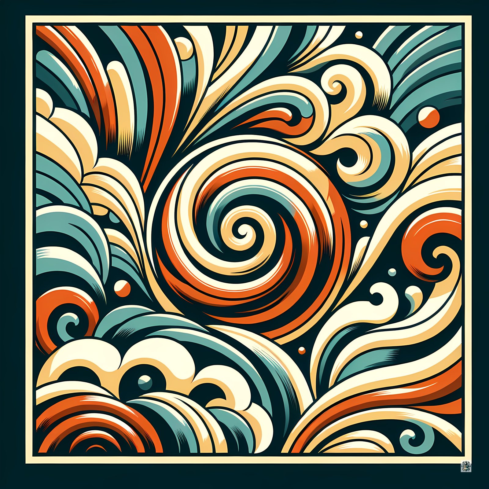 Retro Abstract Swirl Waves in Teal and Burnt Orange