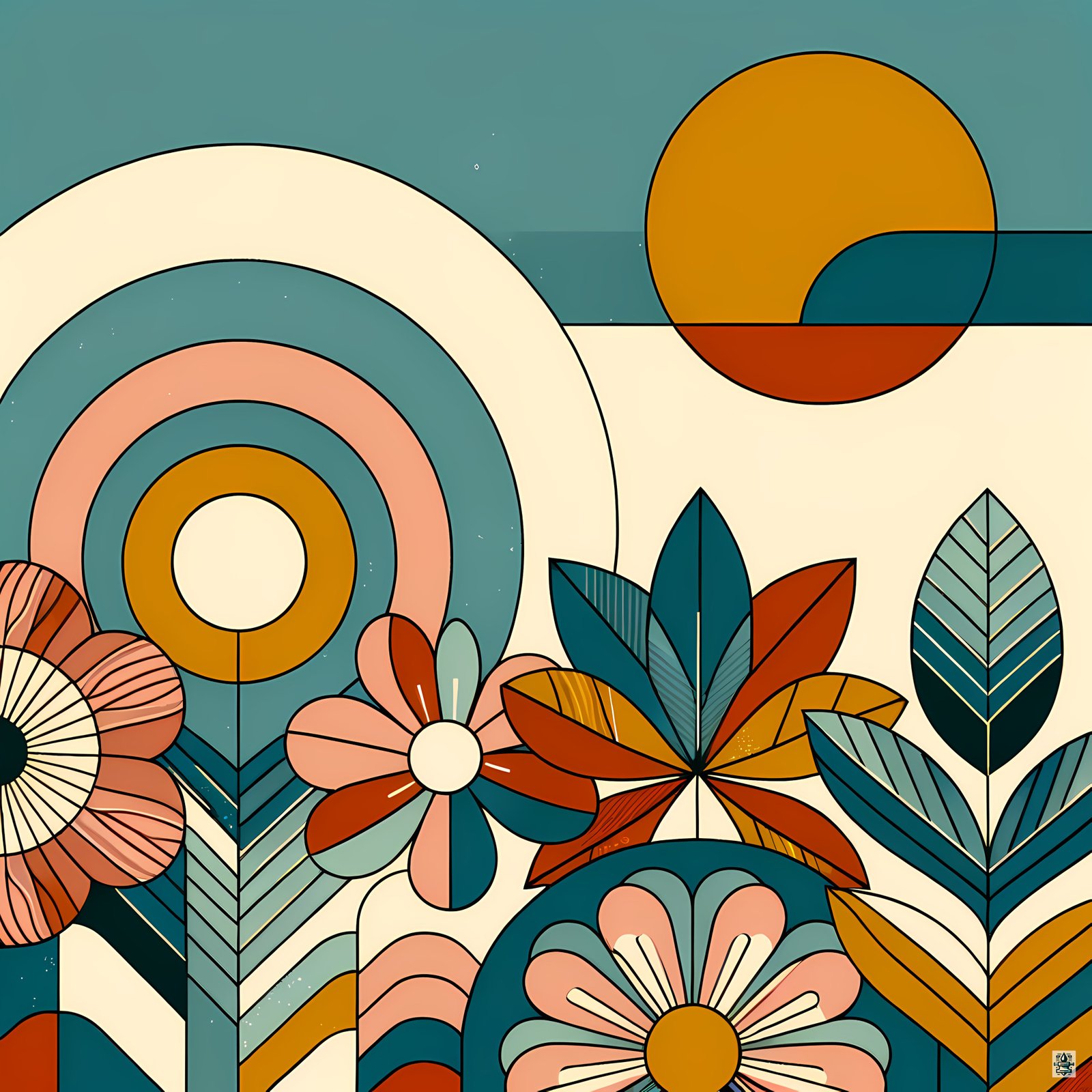 Geometric Botanical Sun and Floral Composition
