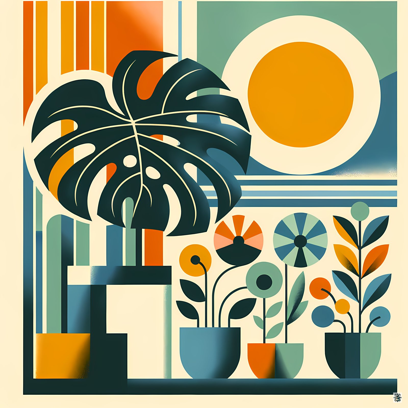 Geometric Botanical Sun and Monstera