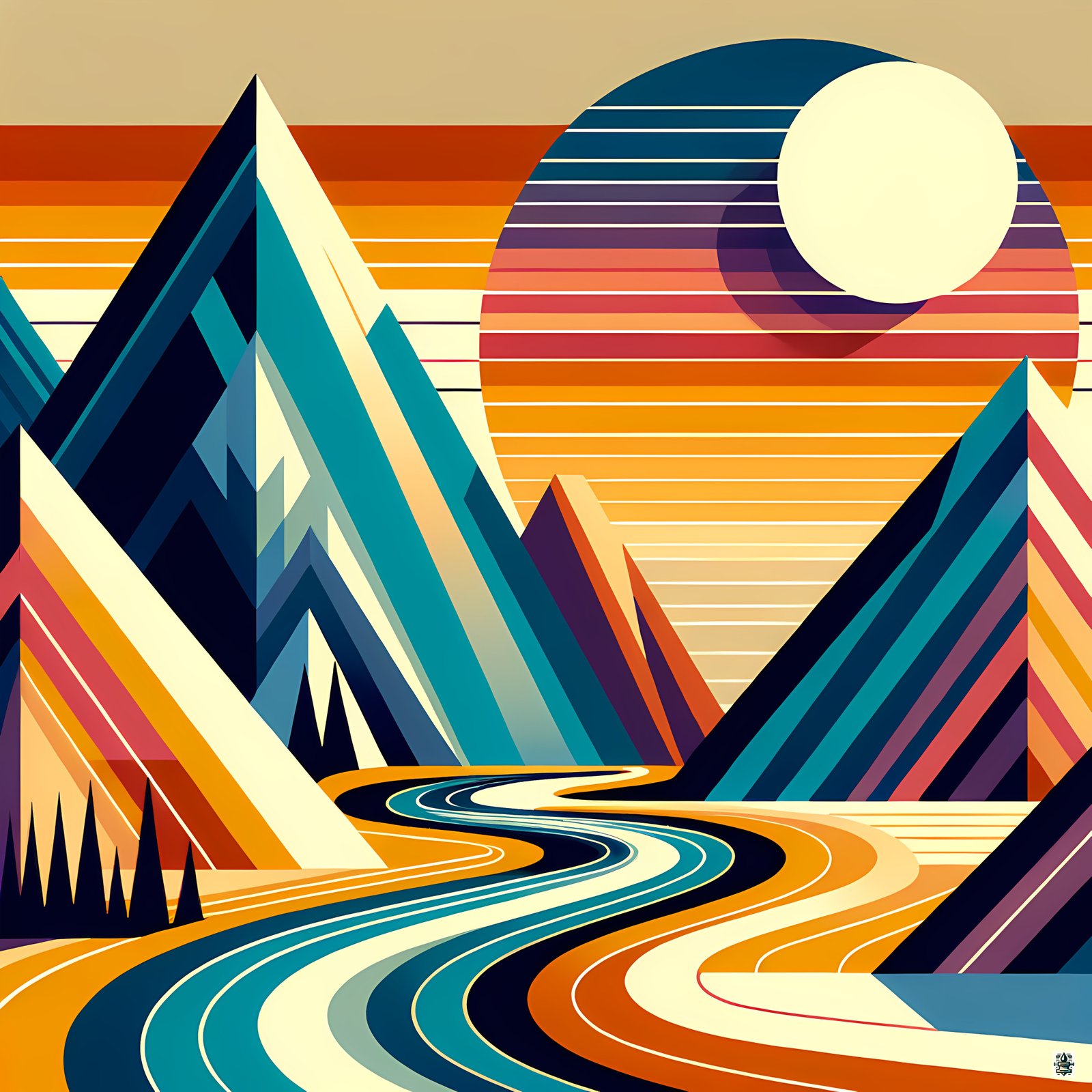 Geometric Mountain Sunset Landscape