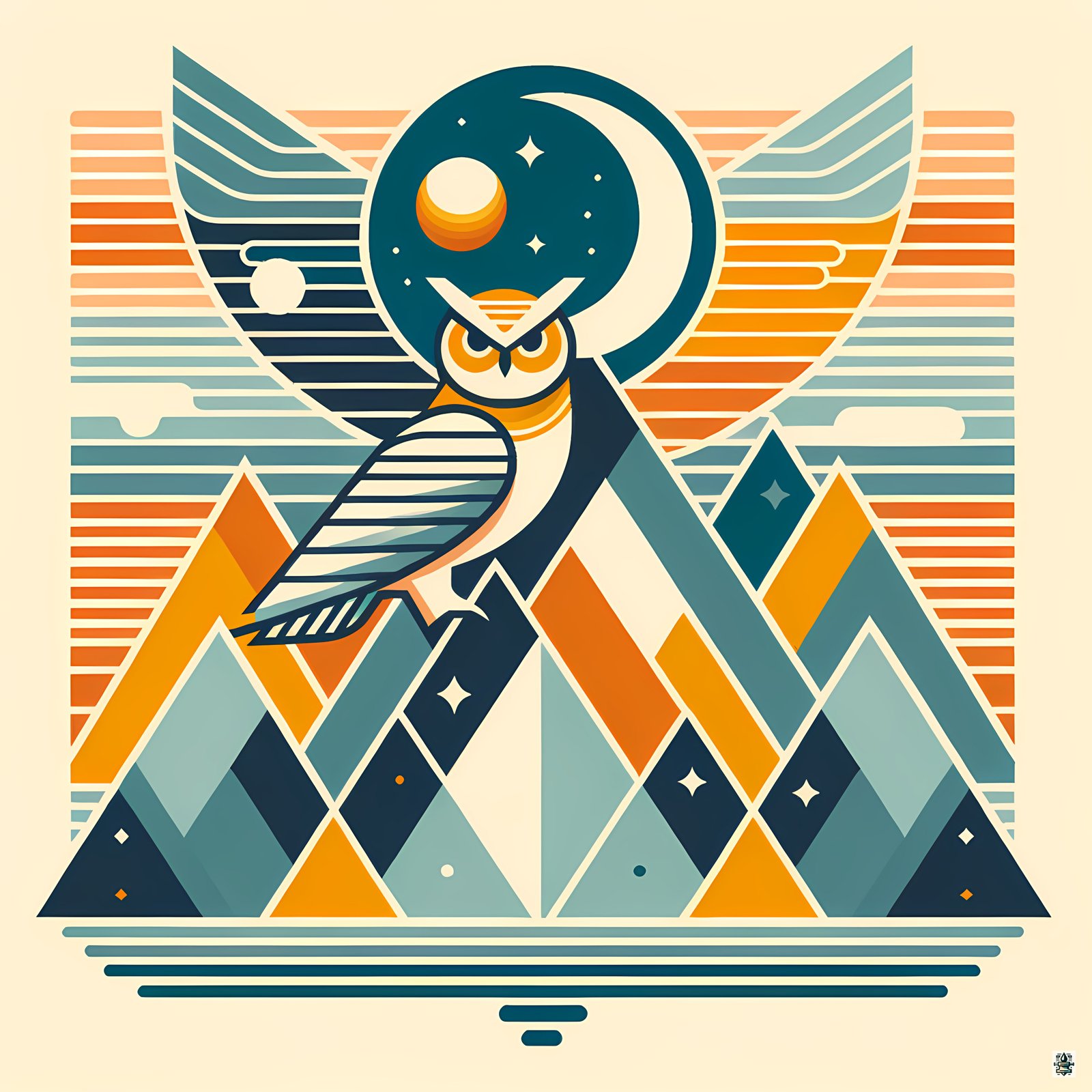 Geometric Owl Moon Over Mountains