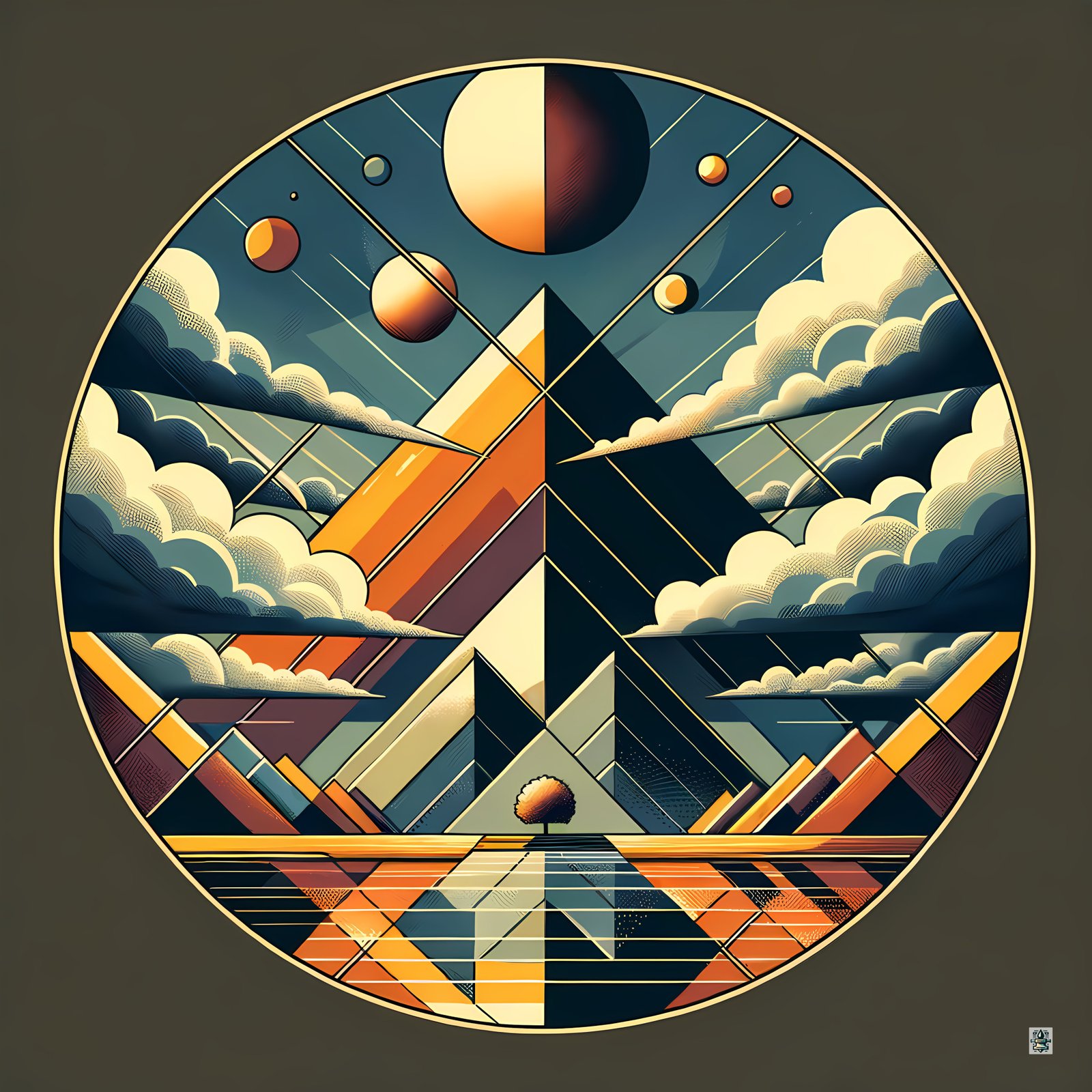 Retro Geometric Mountain Sky with Moons and Clouds