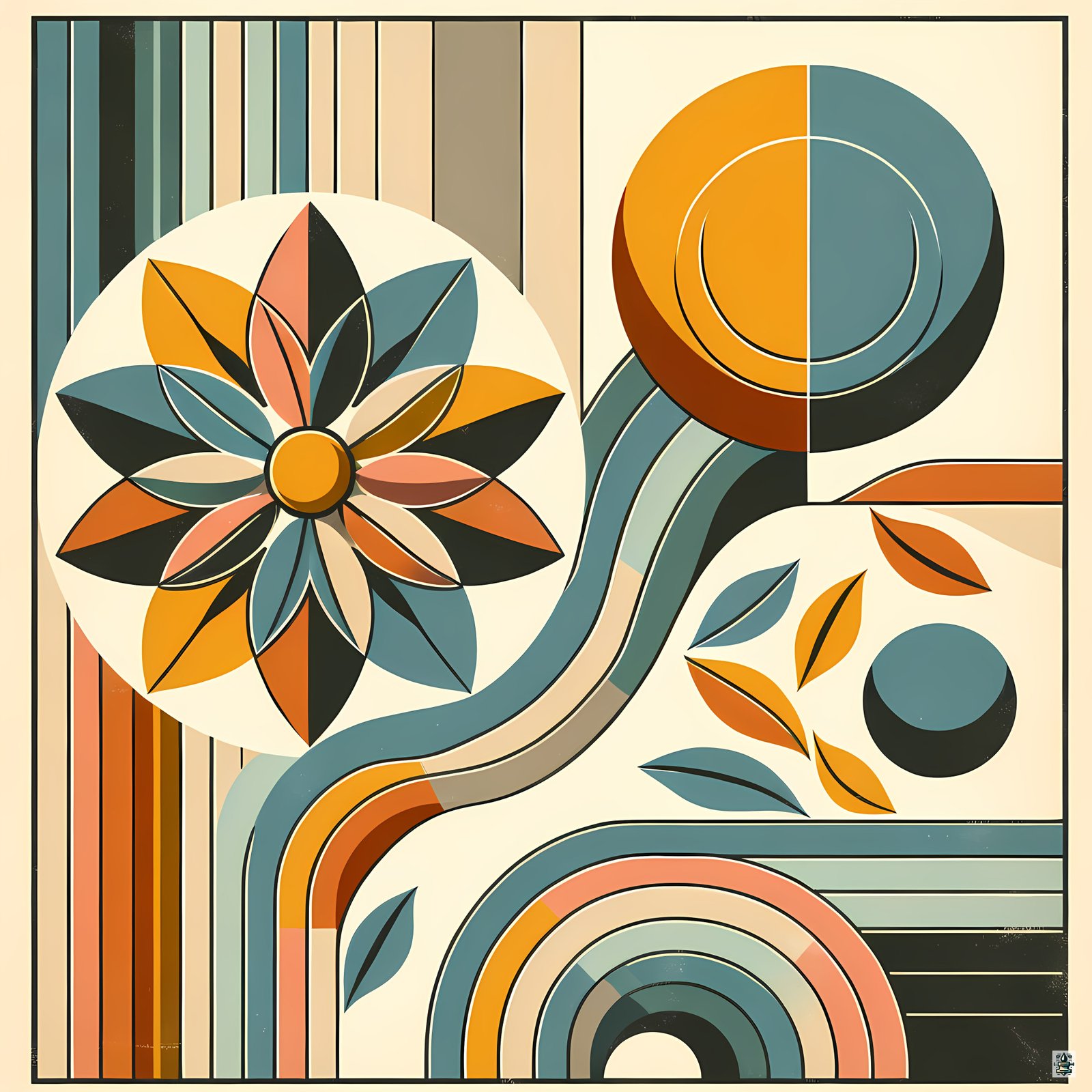 Geometric Botanical Flower with Retro Arches