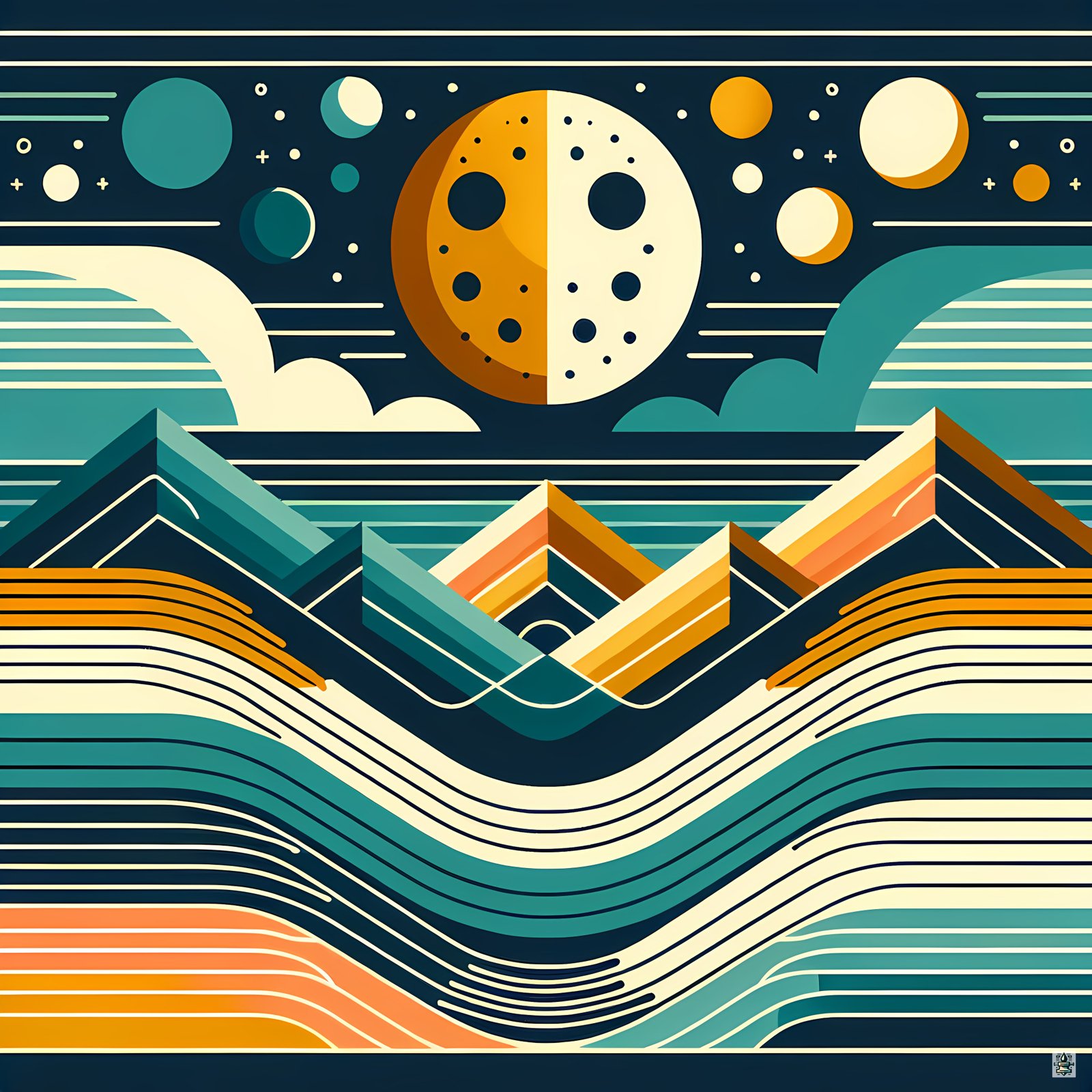 Geometric Moon Over Layered Mountains