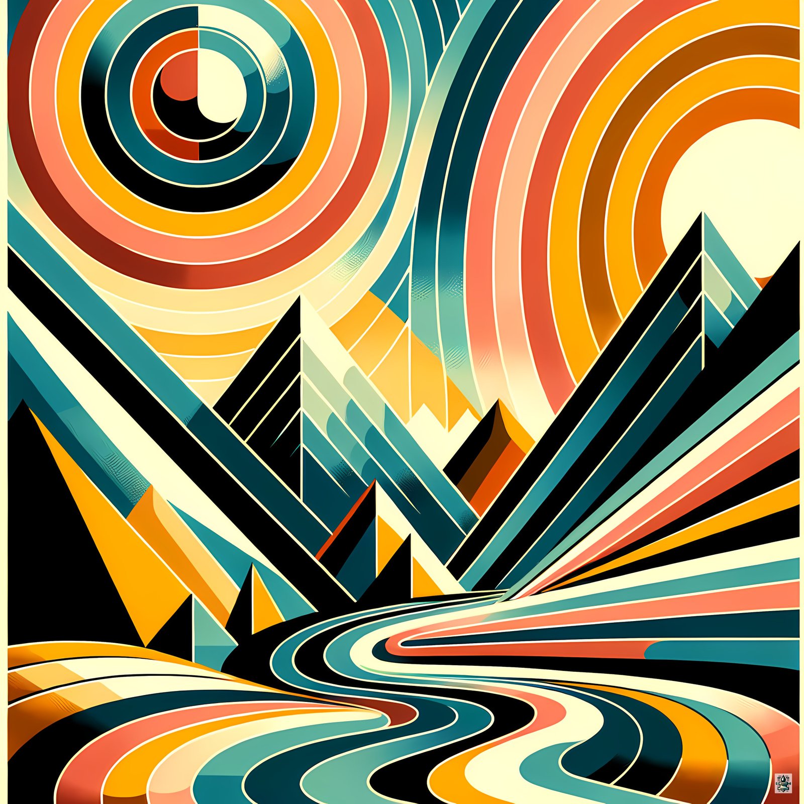 Geometric Mountain Silhouettes with Retro Sun Rings