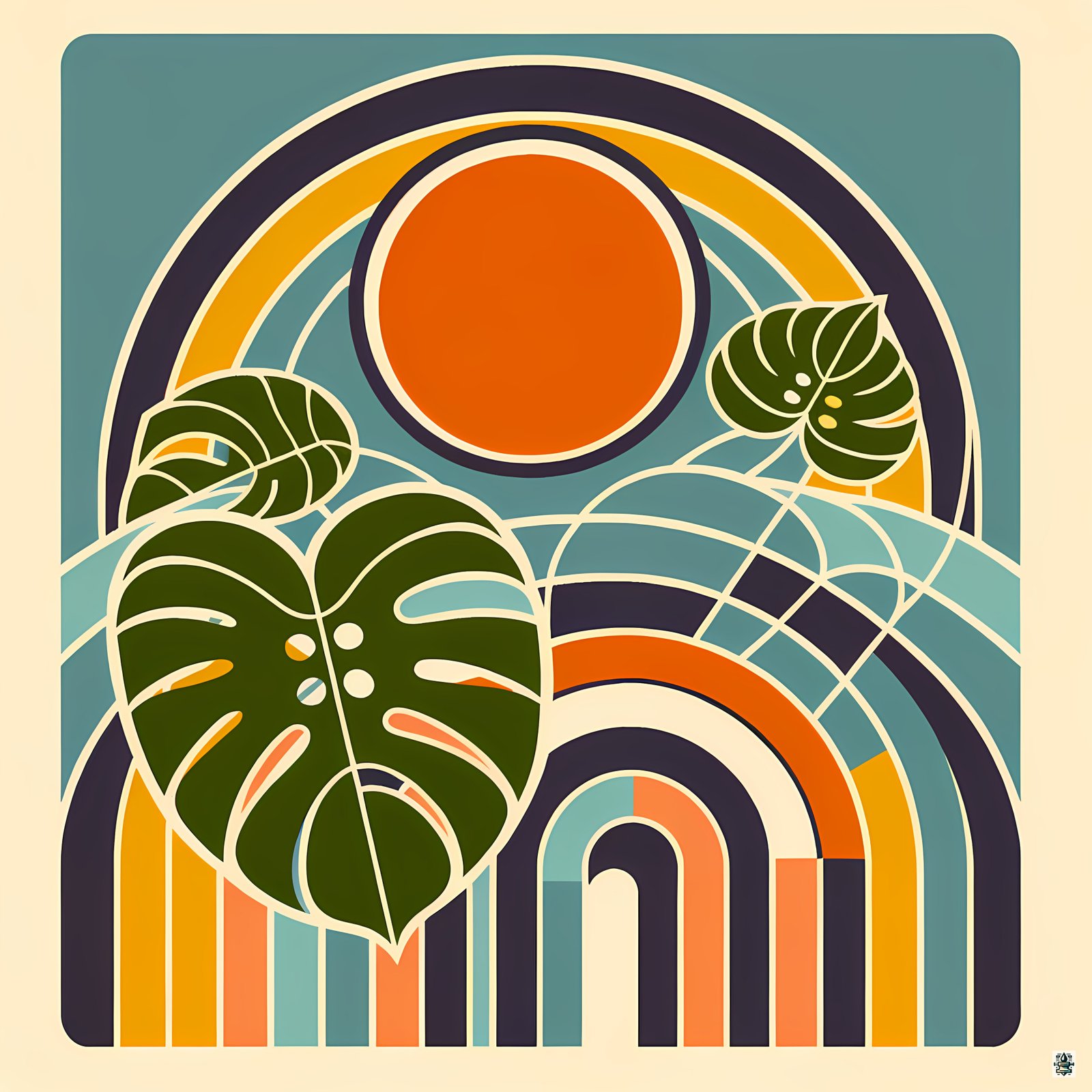 Abstract Botanical Sun and Arches