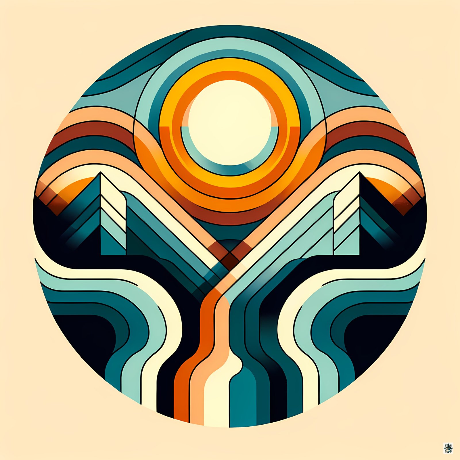 Geometric Sun and Mountain Contour Lines