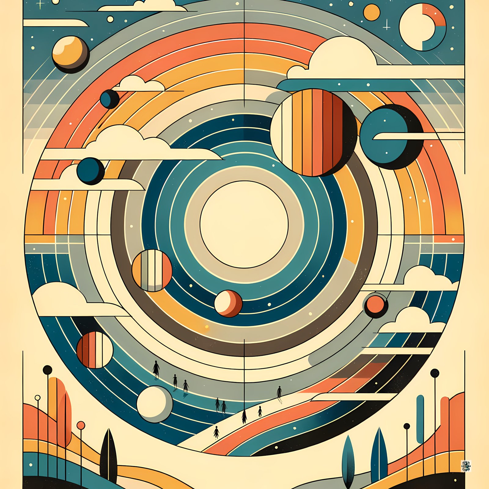 Retro Geometric Space Planets with Rainbow Rings