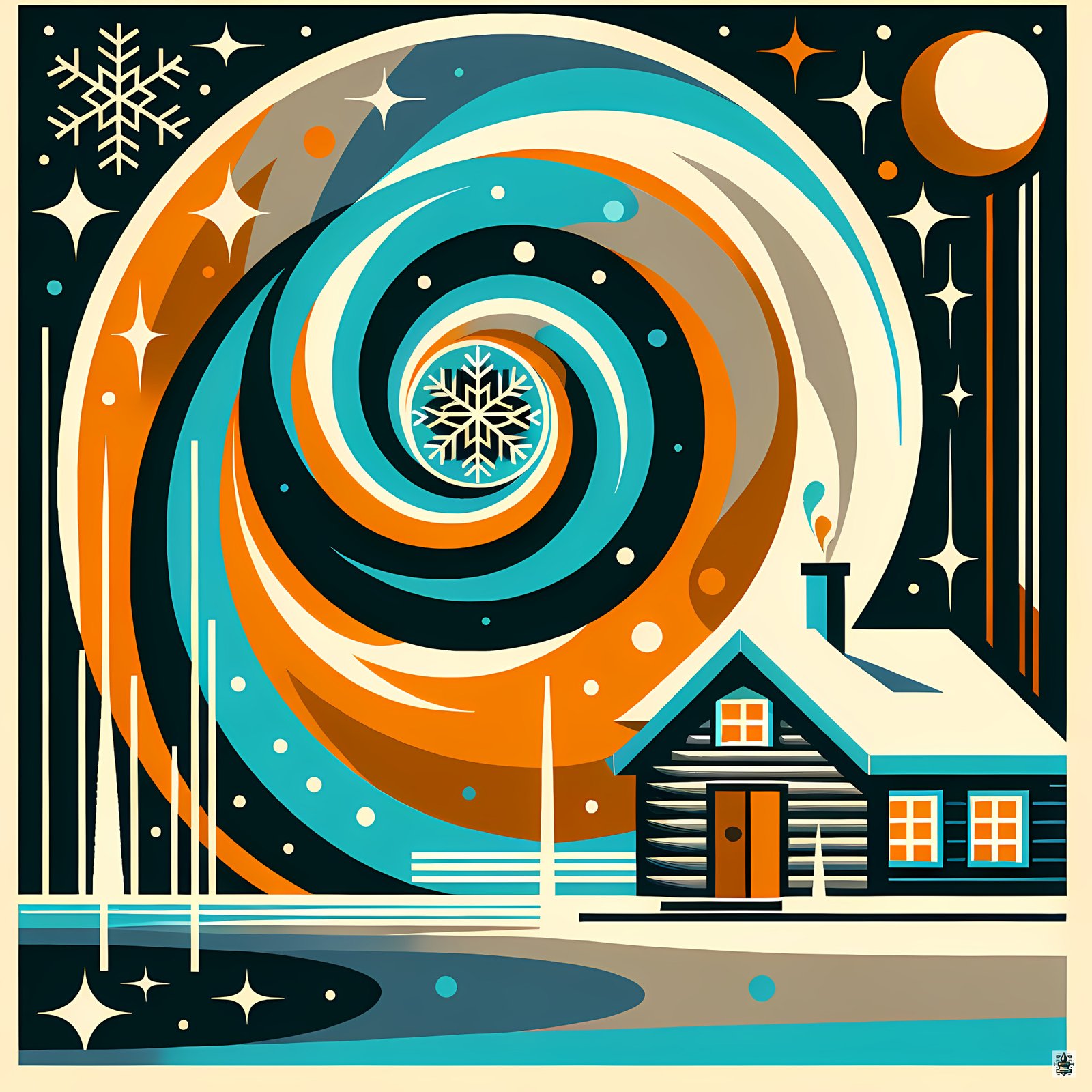 Geometric Winter Cabin Spiral Night