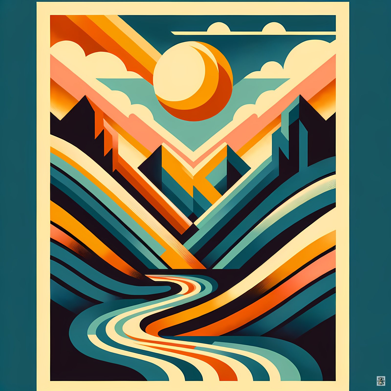Geometric Mountain Valley with Sun and River