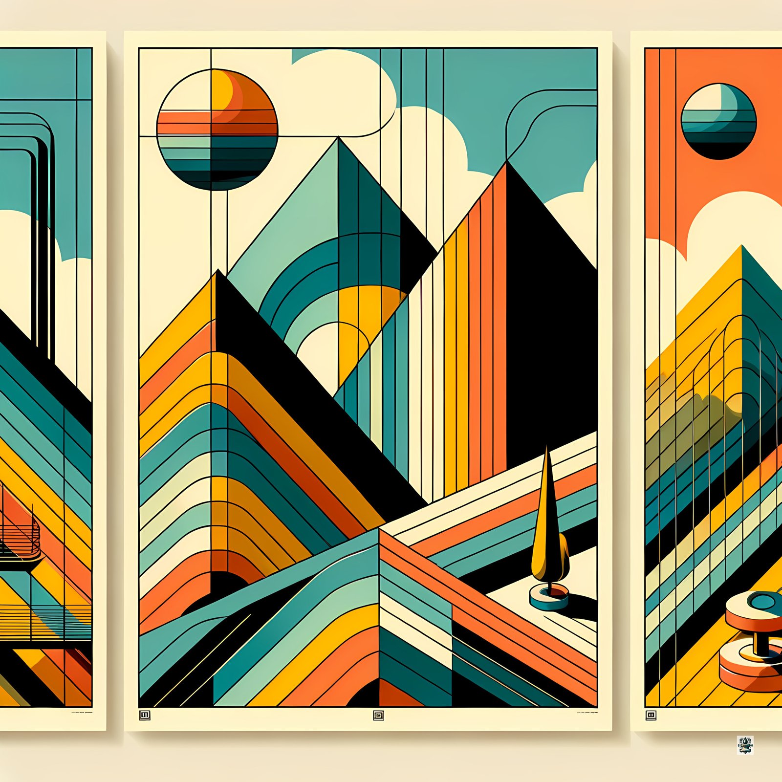 Mid Century Modern Geometric Mountain Sunset