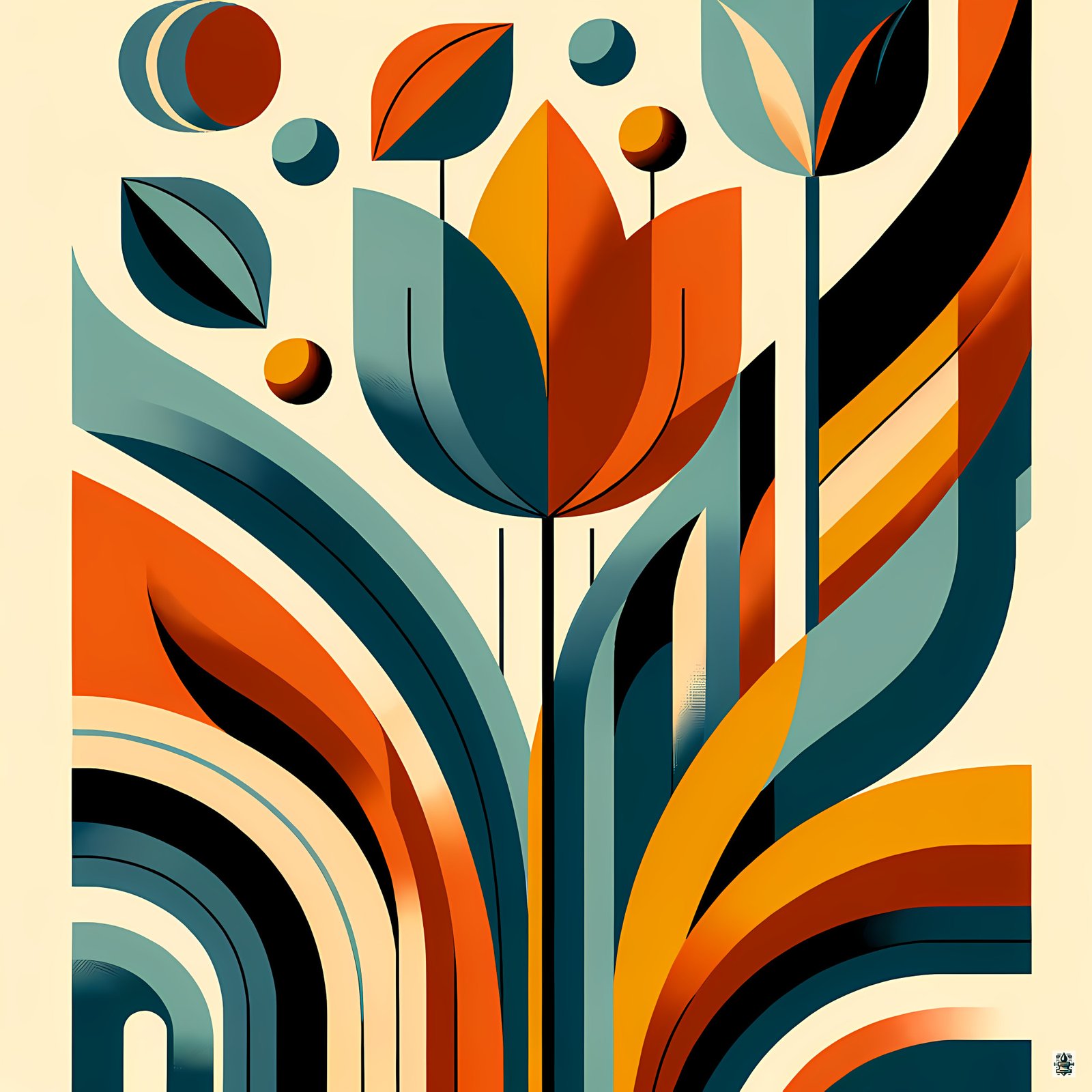 Geometric Botanical Flower in Teal and Orange