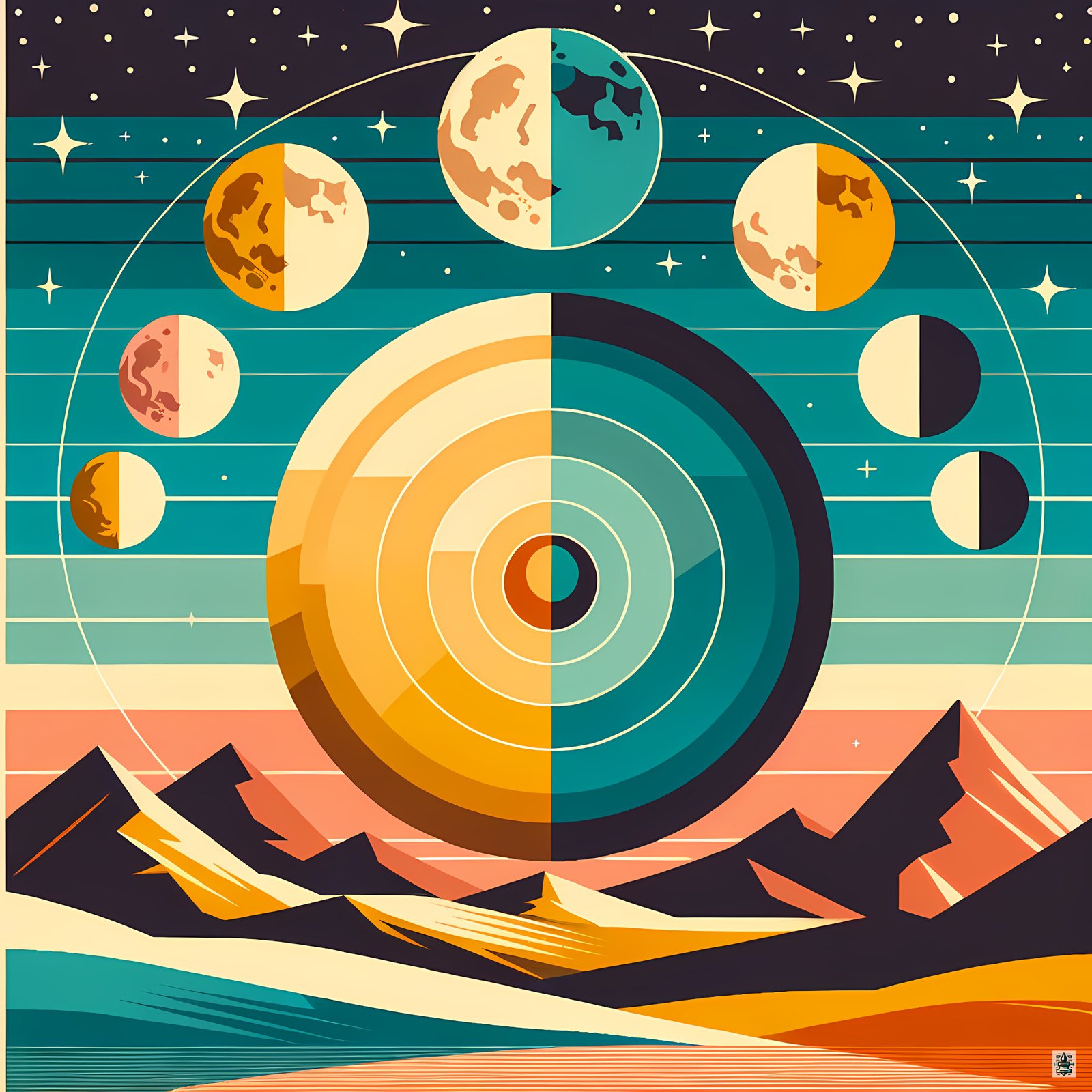 Geometric Moon Phases Over Stylised Mountains
