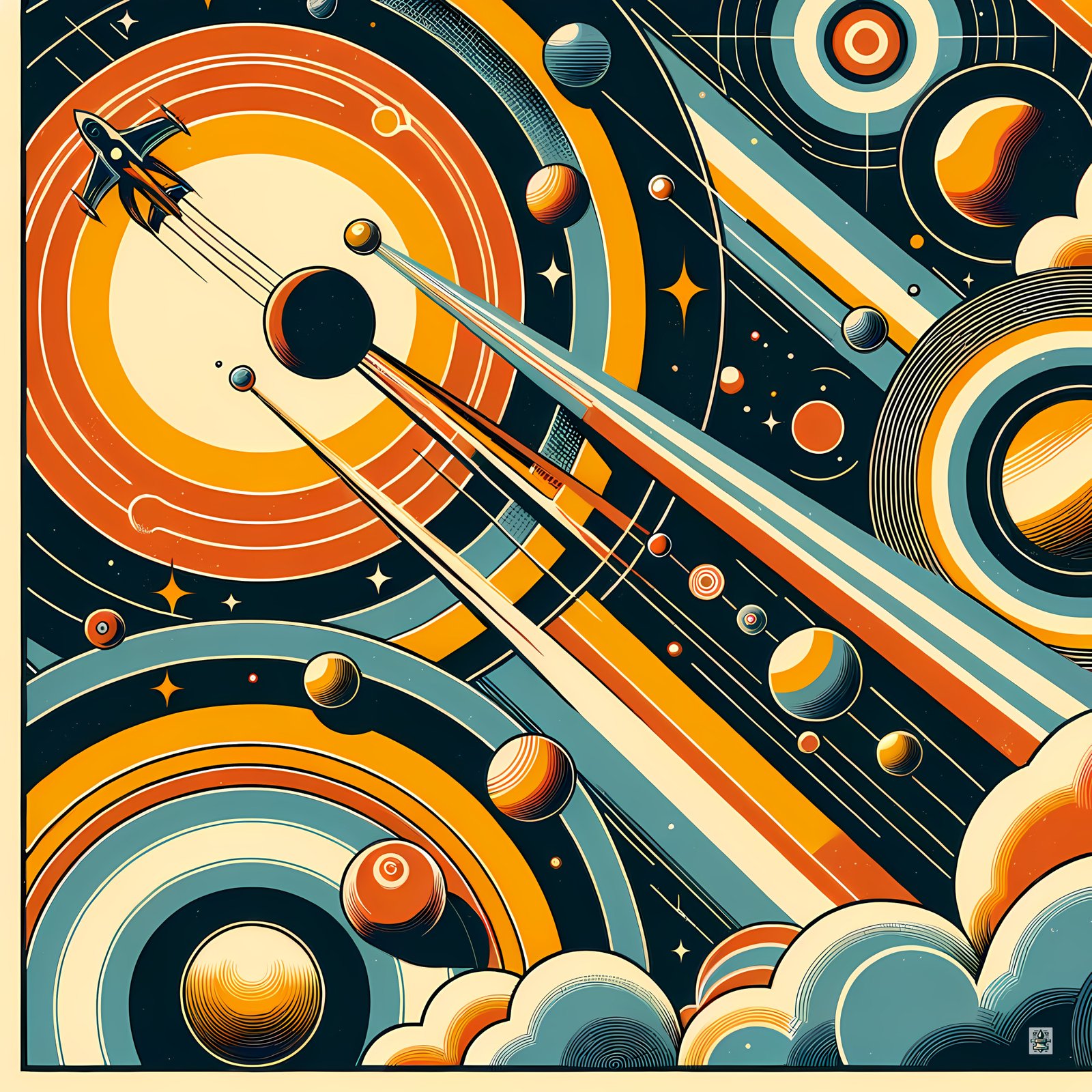 Retro Space Rocket and Planets in Geometric Orbits