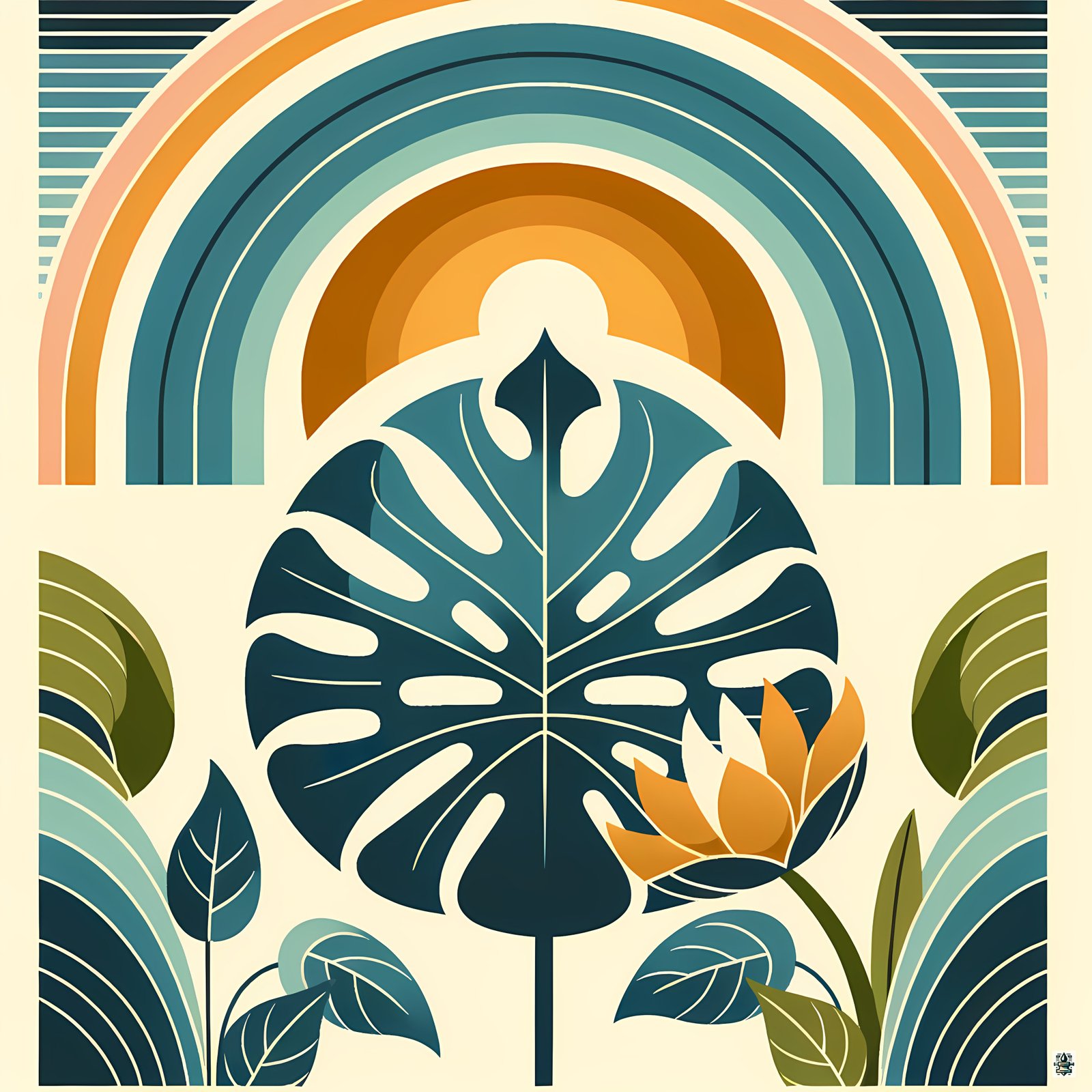 Monstera Leaf with Rainbow Arches Botanical Design