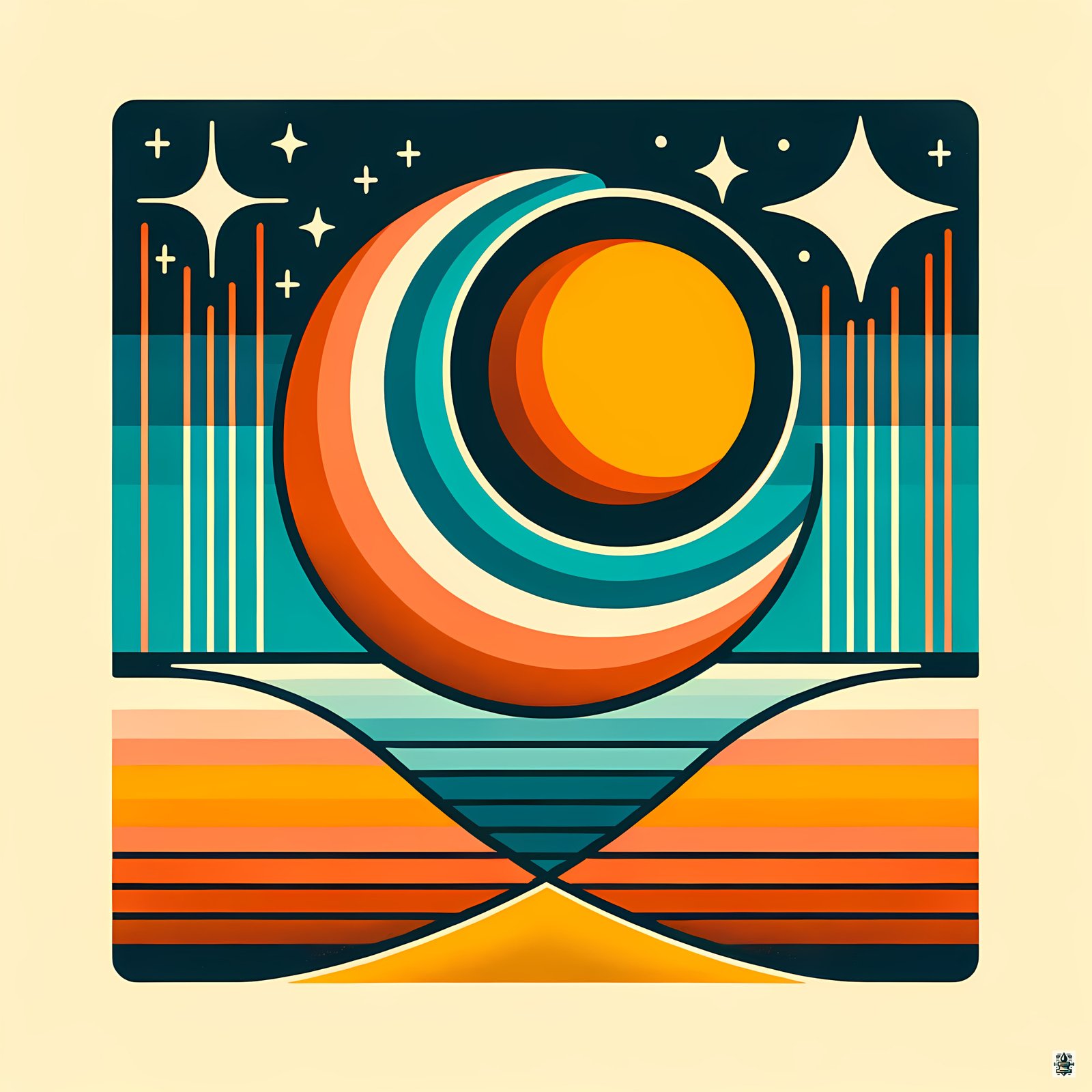 Geometric Sun Moon Over Striped Horizon