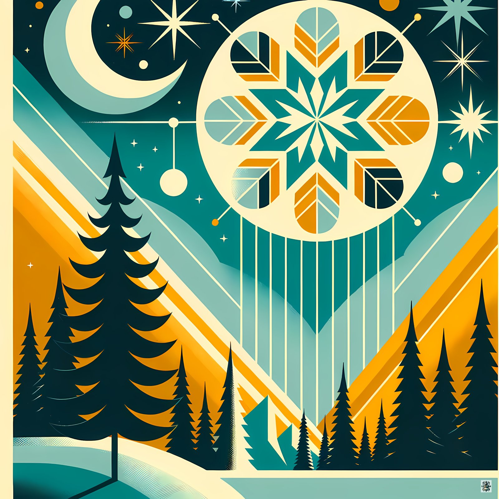 Geometric Winter Moon and Snowflake Landscape
