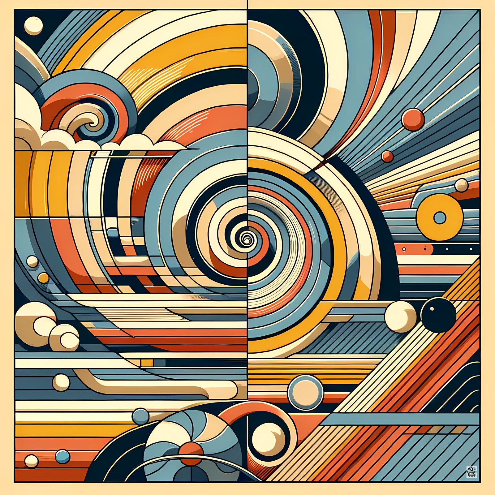 Retro Geometric Spiral Abstract in Teal and Ochre