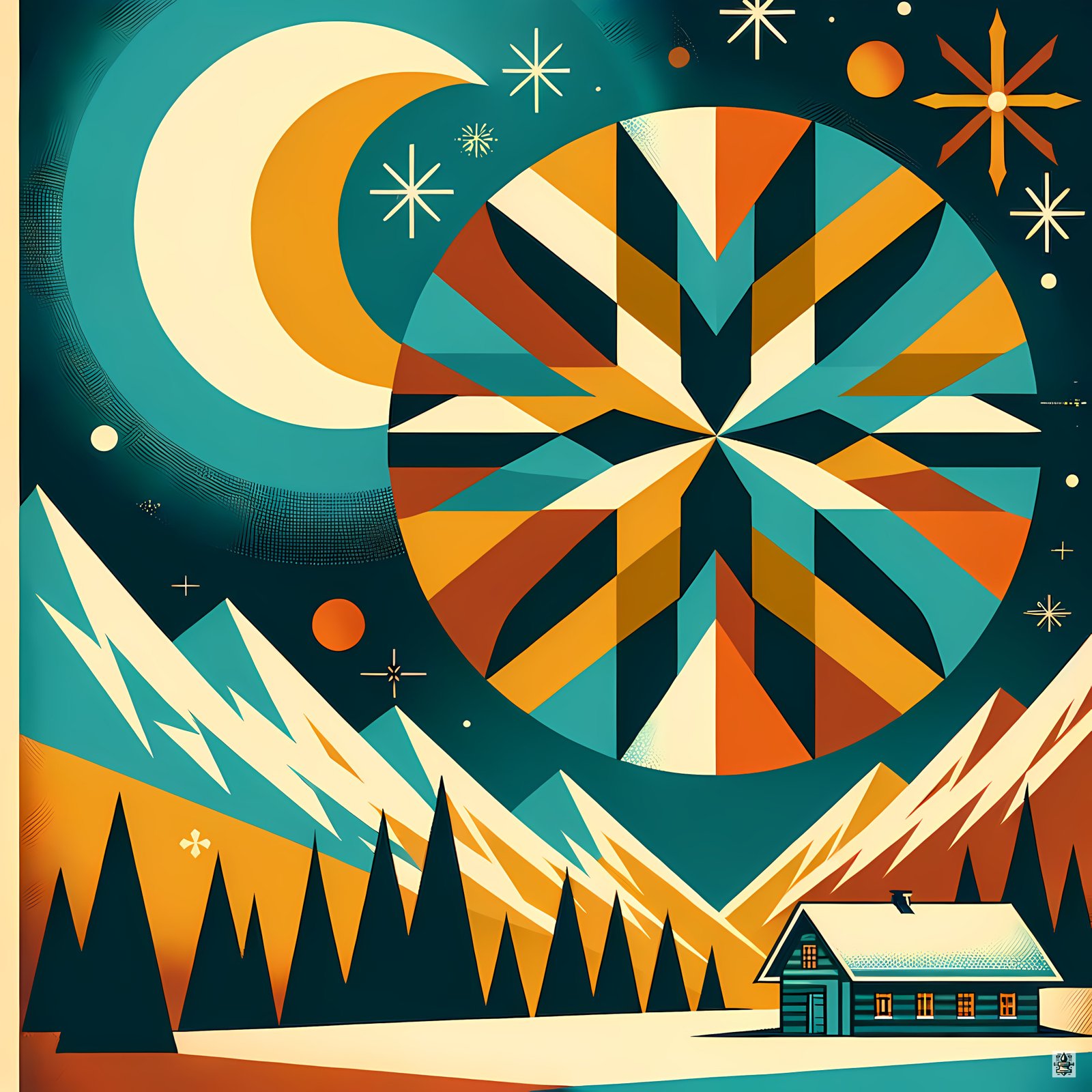 Geometric Winter Moon and Snowflake Landscape