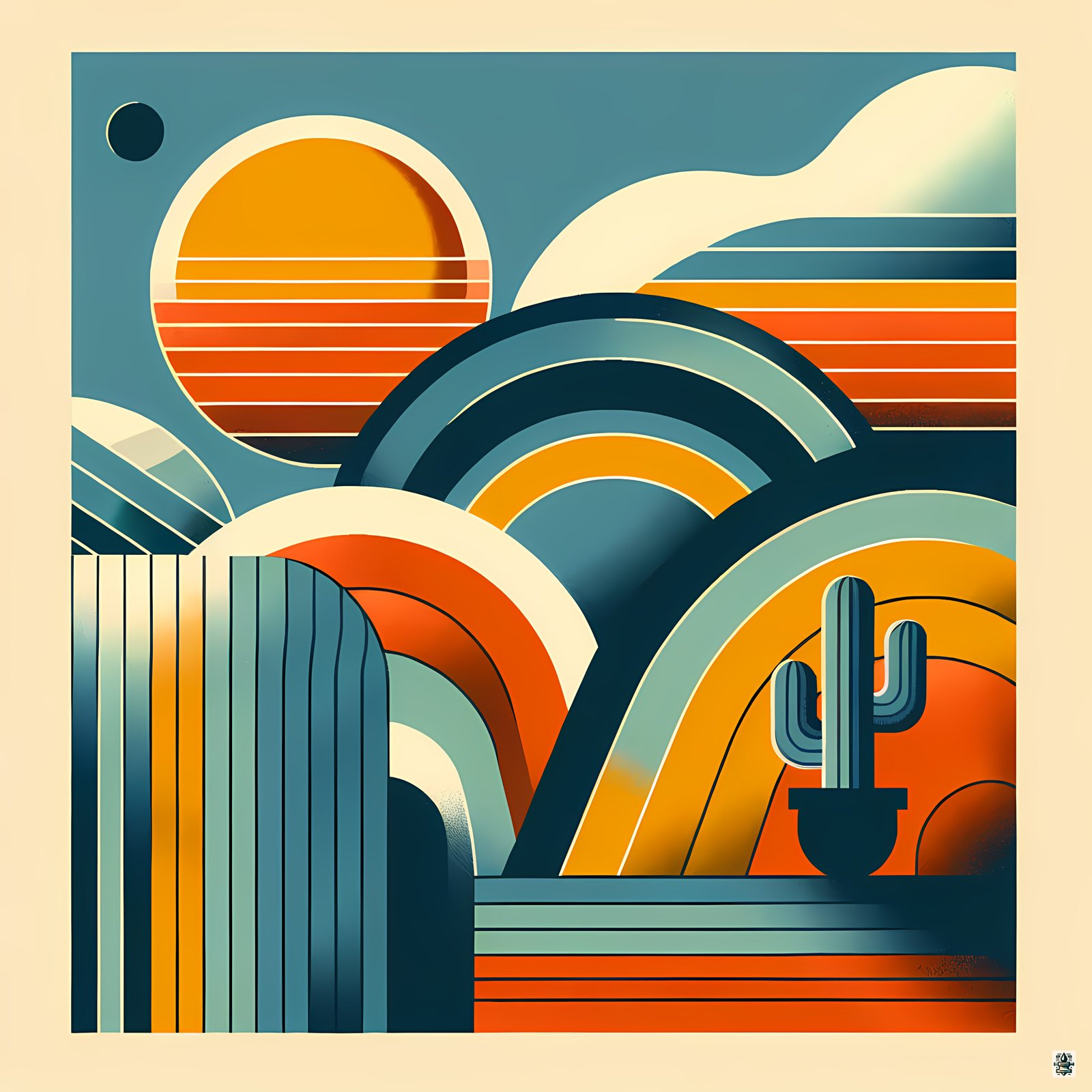 Desert Arches and Striped Sun Illustration