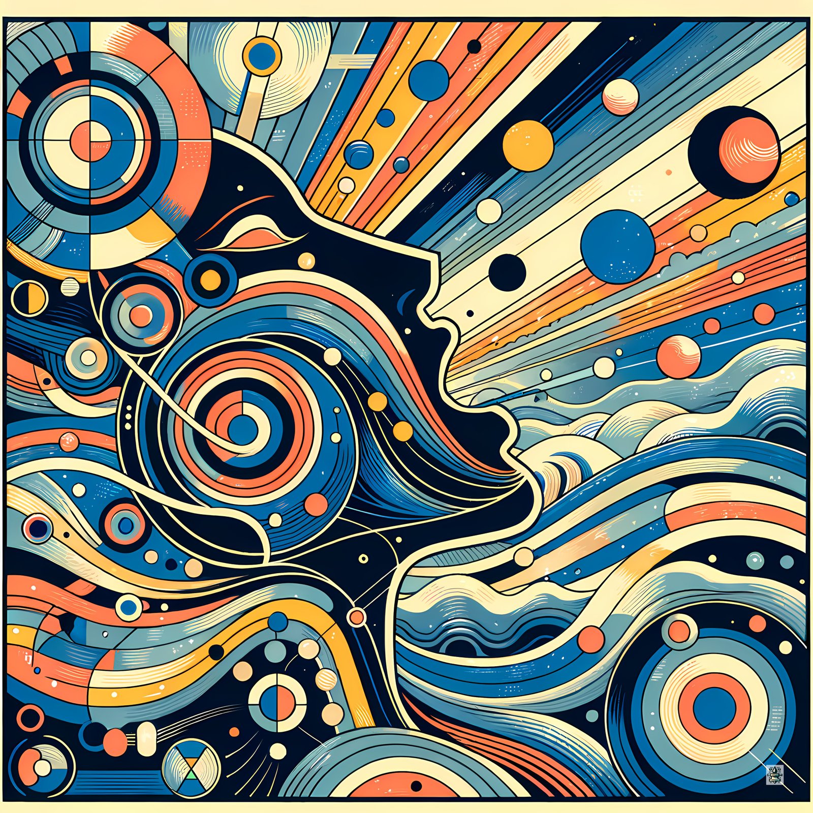 Retro Cosmic Woman Profile with Geometric Orbs