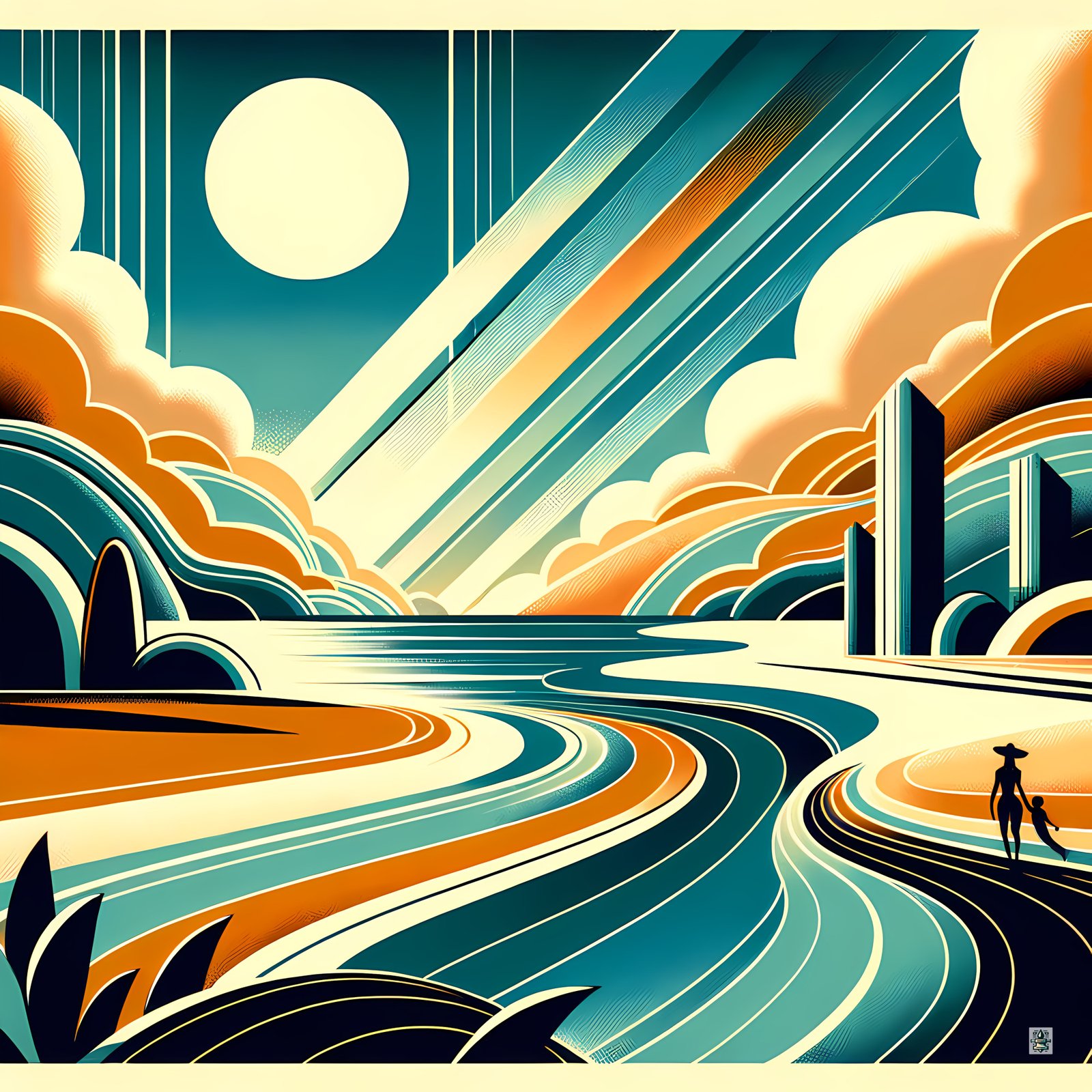 Retro Coastal Landscape with Sun and Geometric Clouds