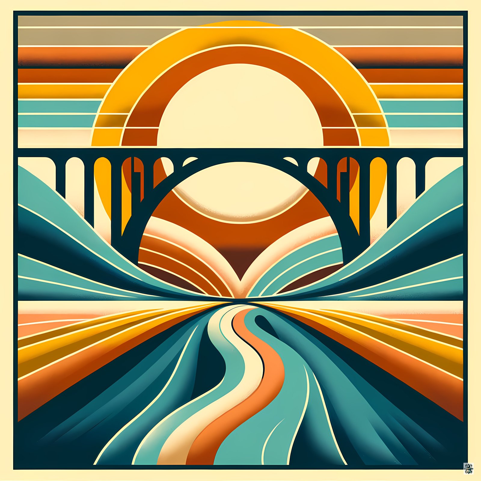 Retro Bridge at Sunrise Landscape