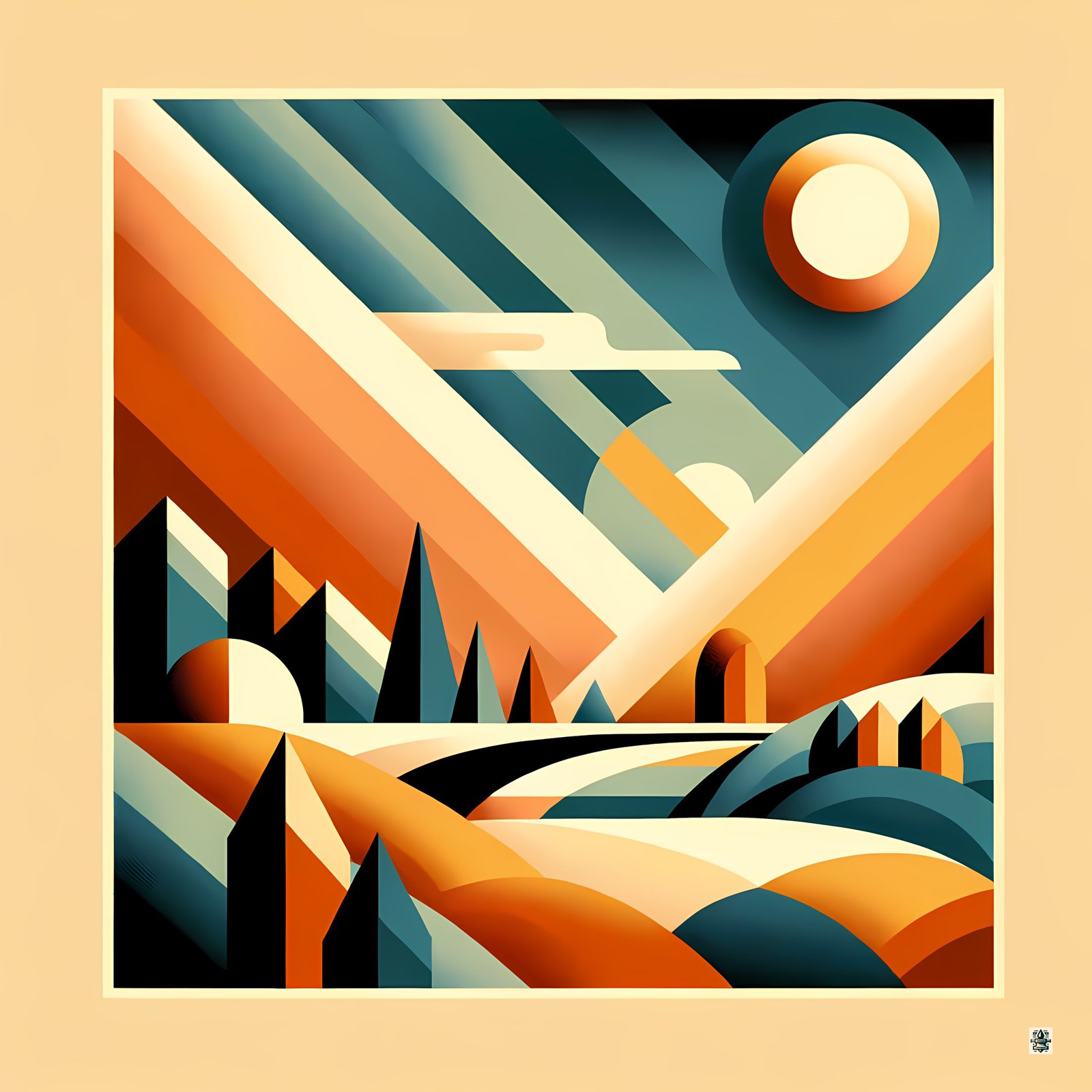 Retro Geometric Sunset Mountain Landscape in Teal
