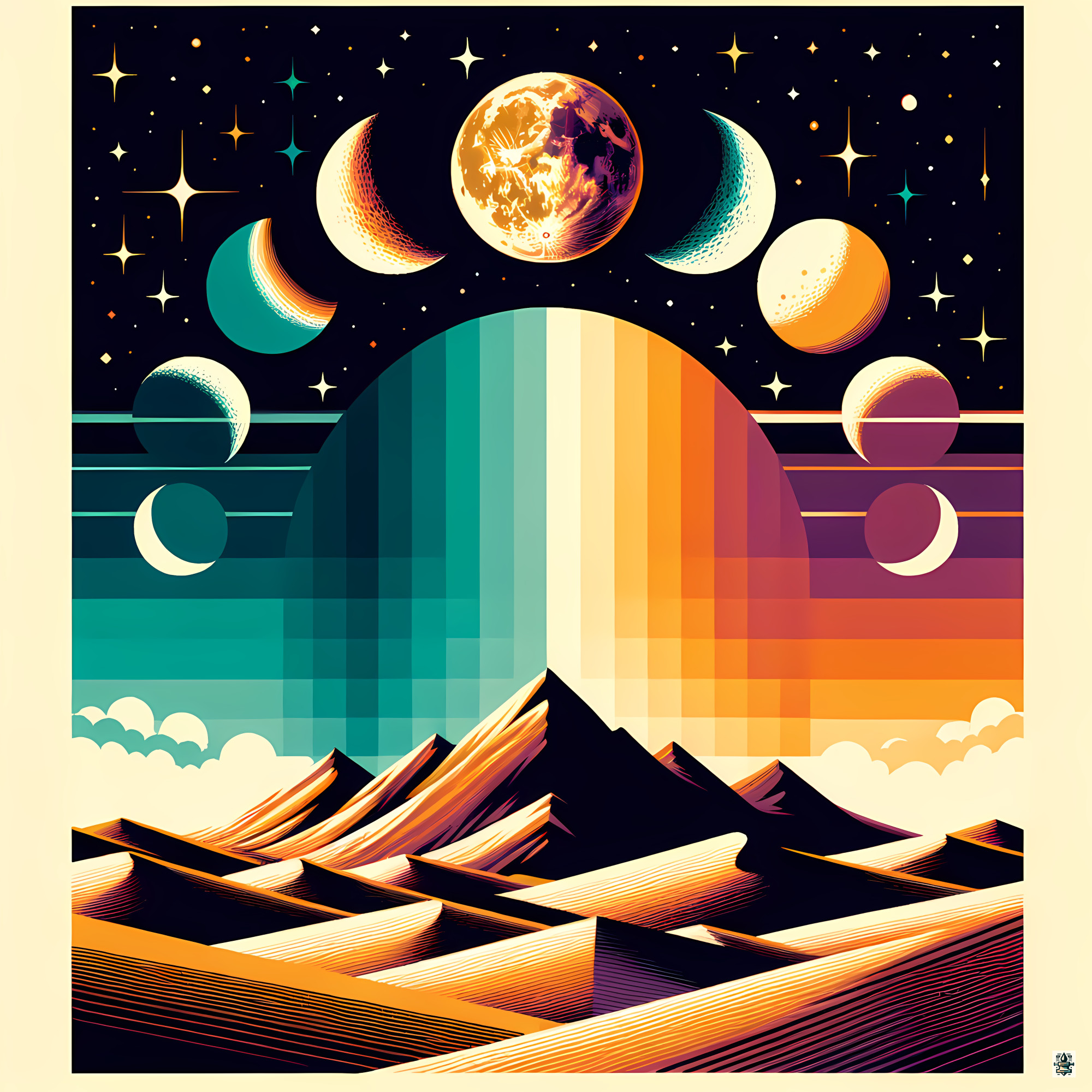 Geometric Moon Phases Over Desert Mountains