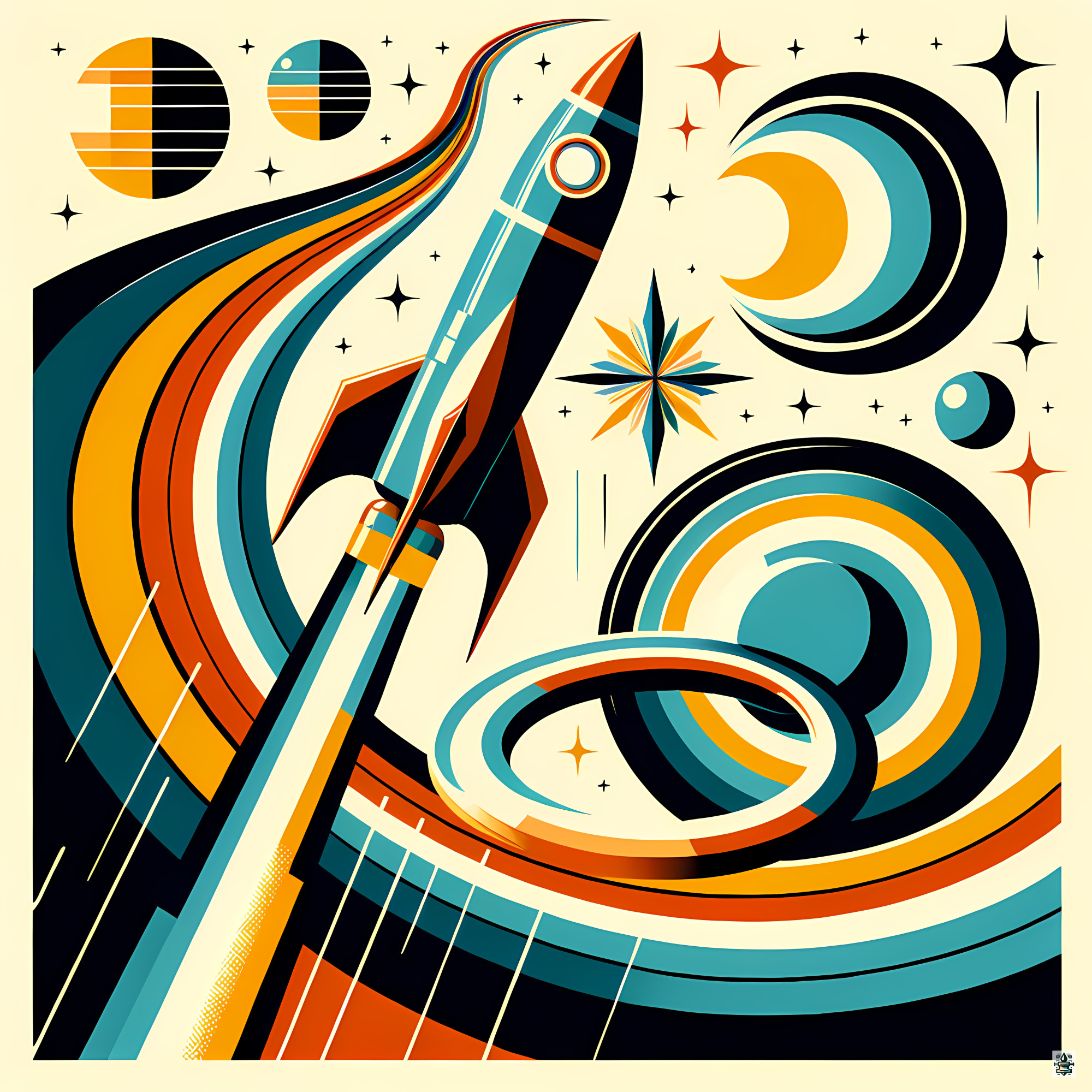 Bold Sticker Rocket with Planets and Cosmic Swirls