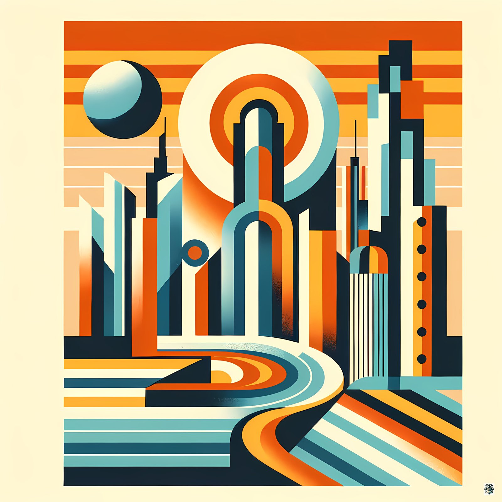 Retro Futurist Cityscape with Sun and Curved Road