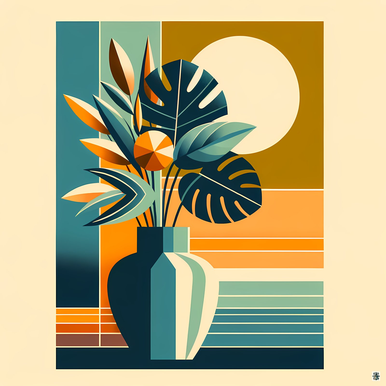 Geometric Botanical Vase with Sun and Tropical Leaves