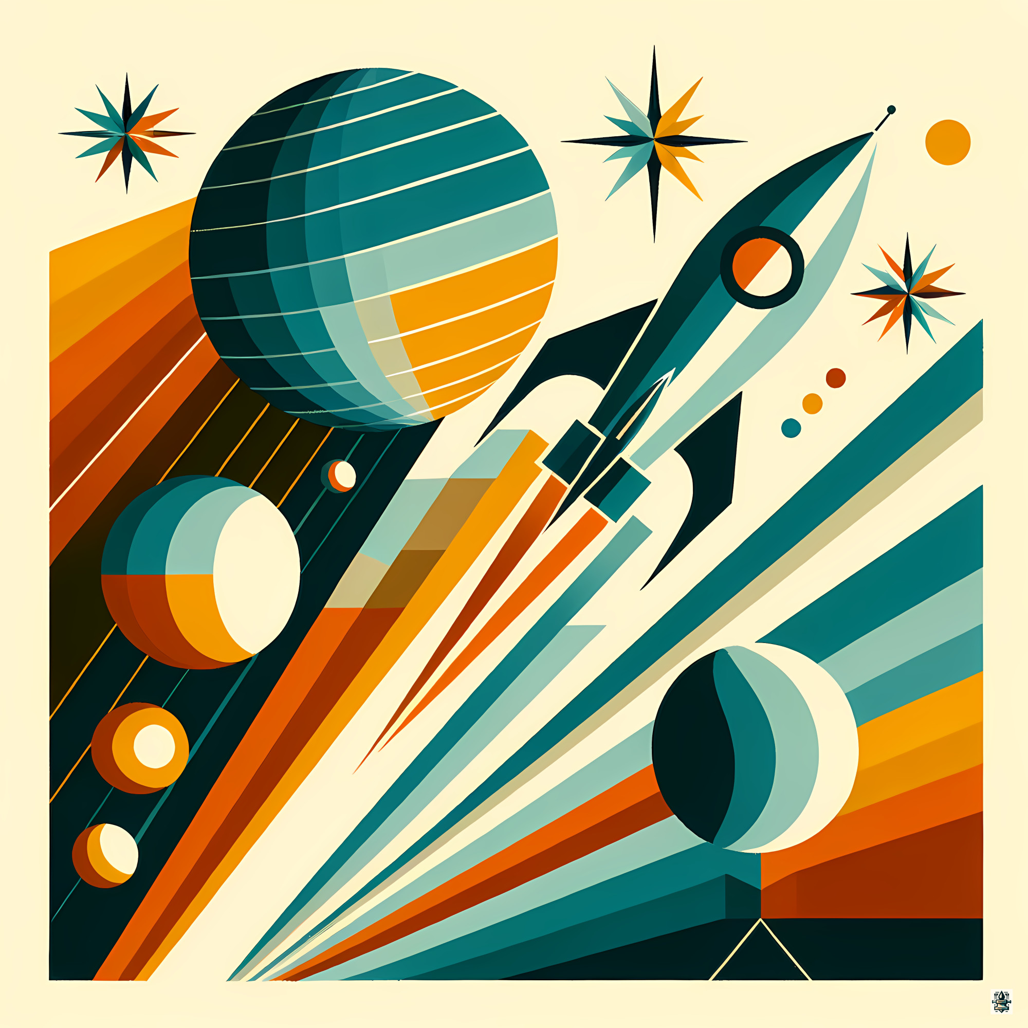Retro Space Rocket with Planets and Starbursts