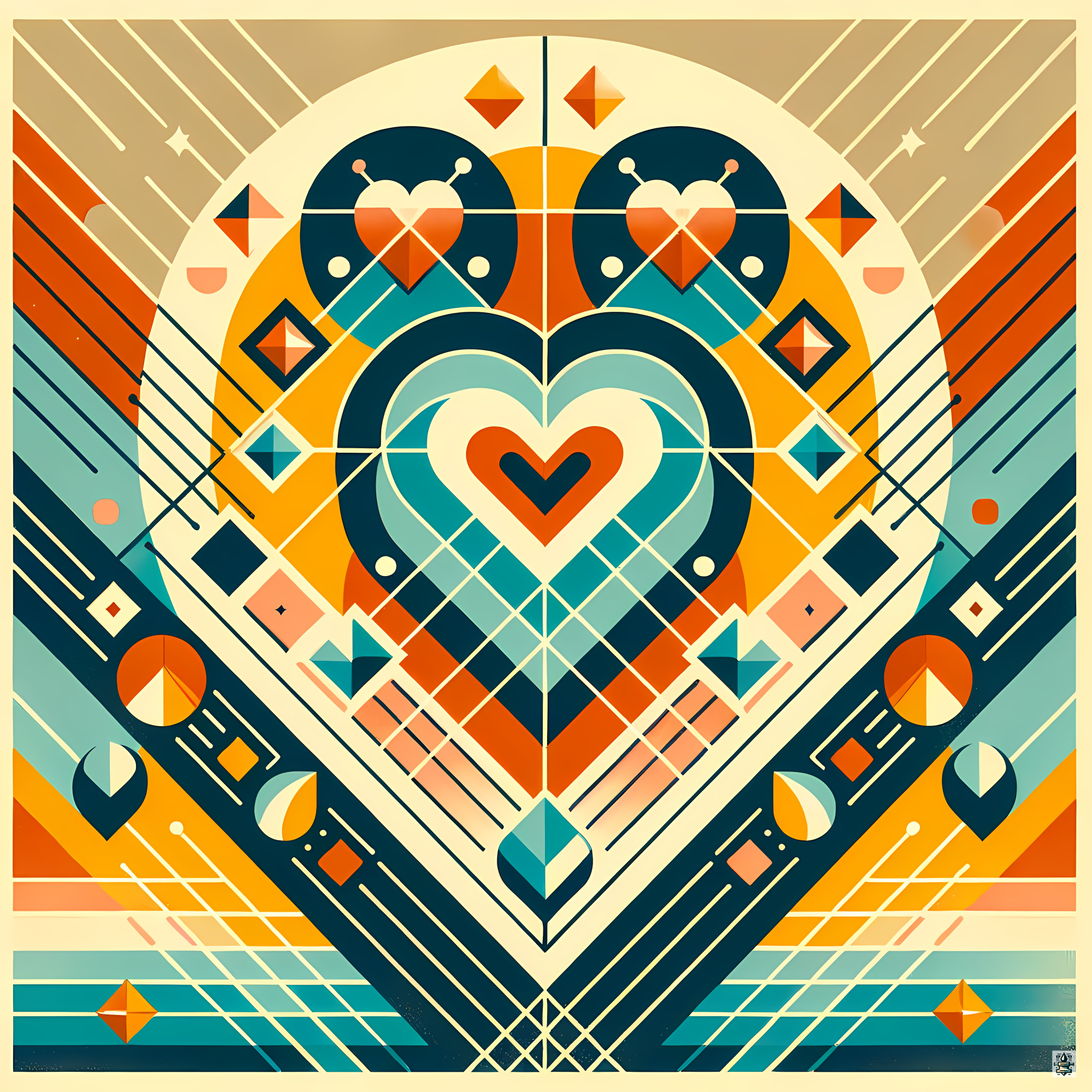 Symmetrical Geometric Heart in Teal and Amber