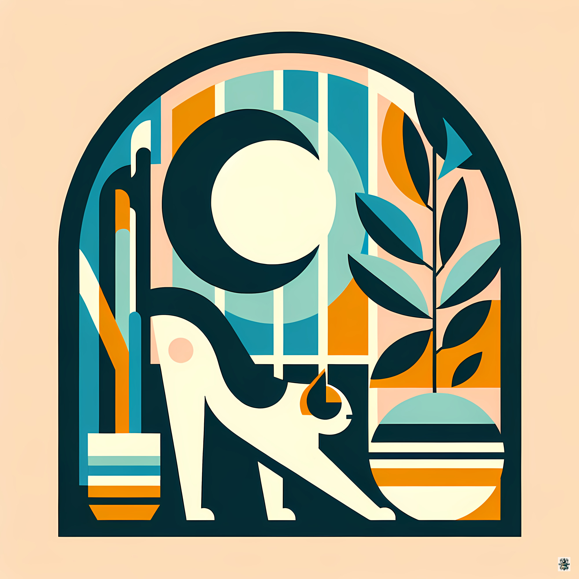 Stretching Cat in Arched Botanical Window