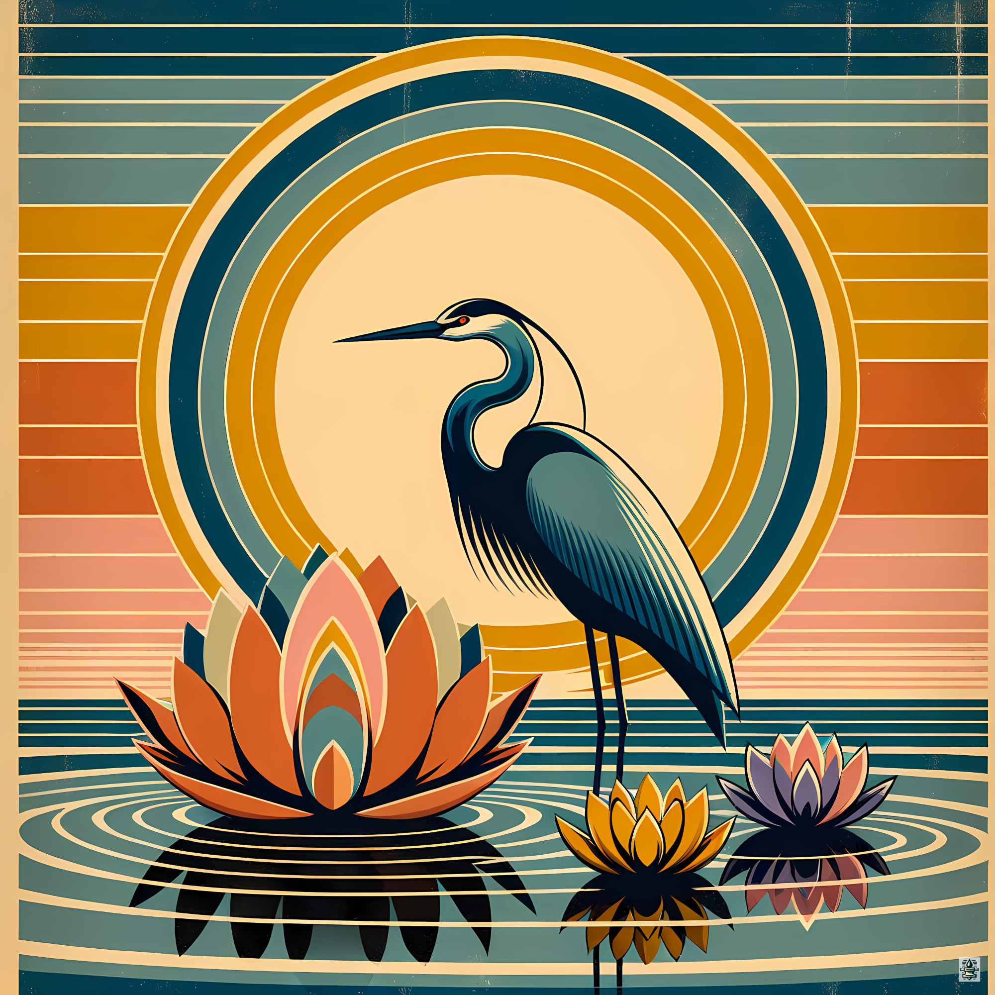 Heron and Lotus Sunset Lagoon