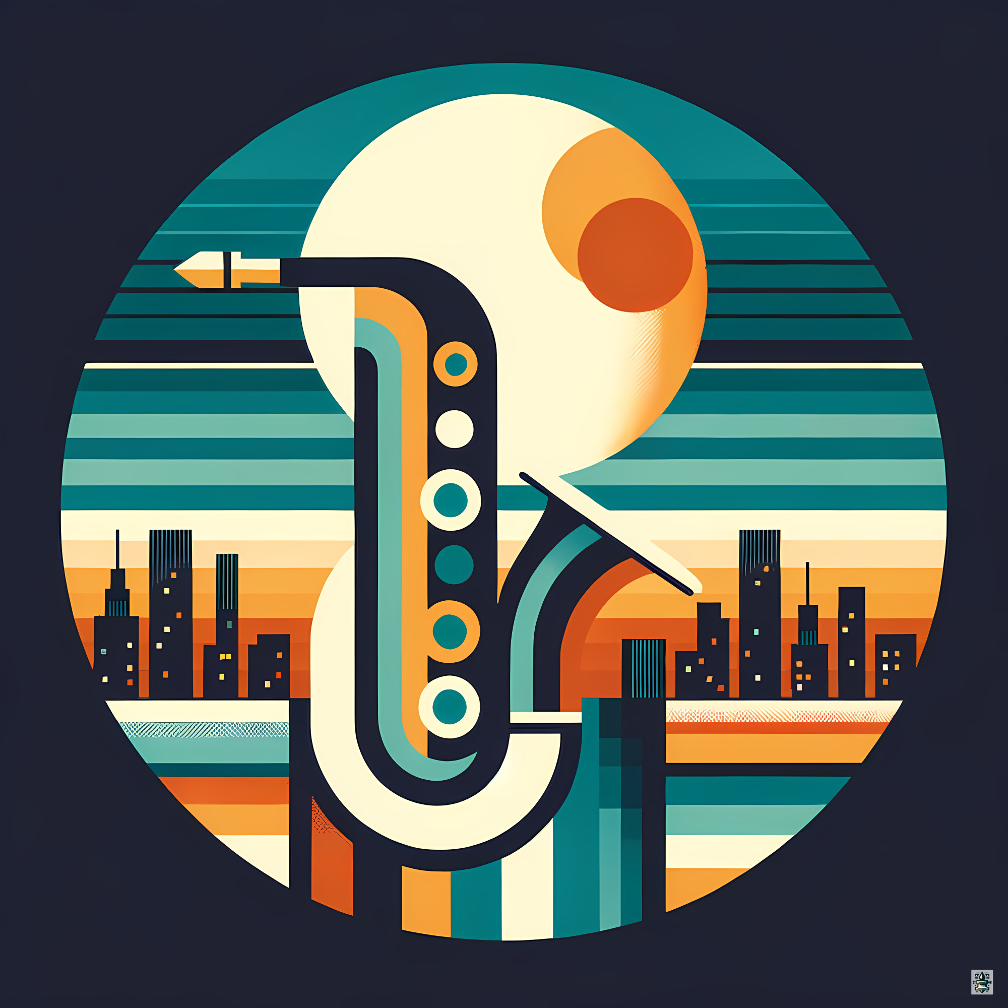 Bauhaus Saxophone Skyline at Sunset