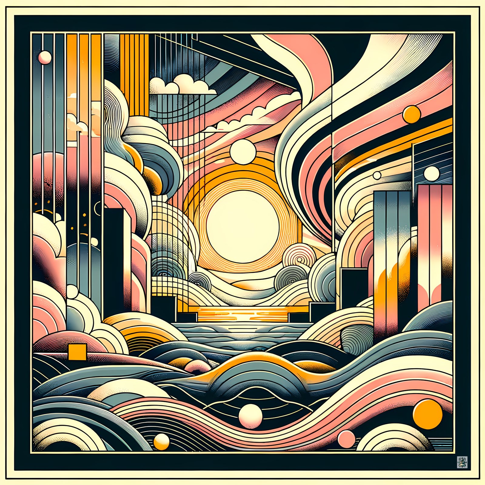 Retro Geometric Sunset Cityscape Over Abstract Waves