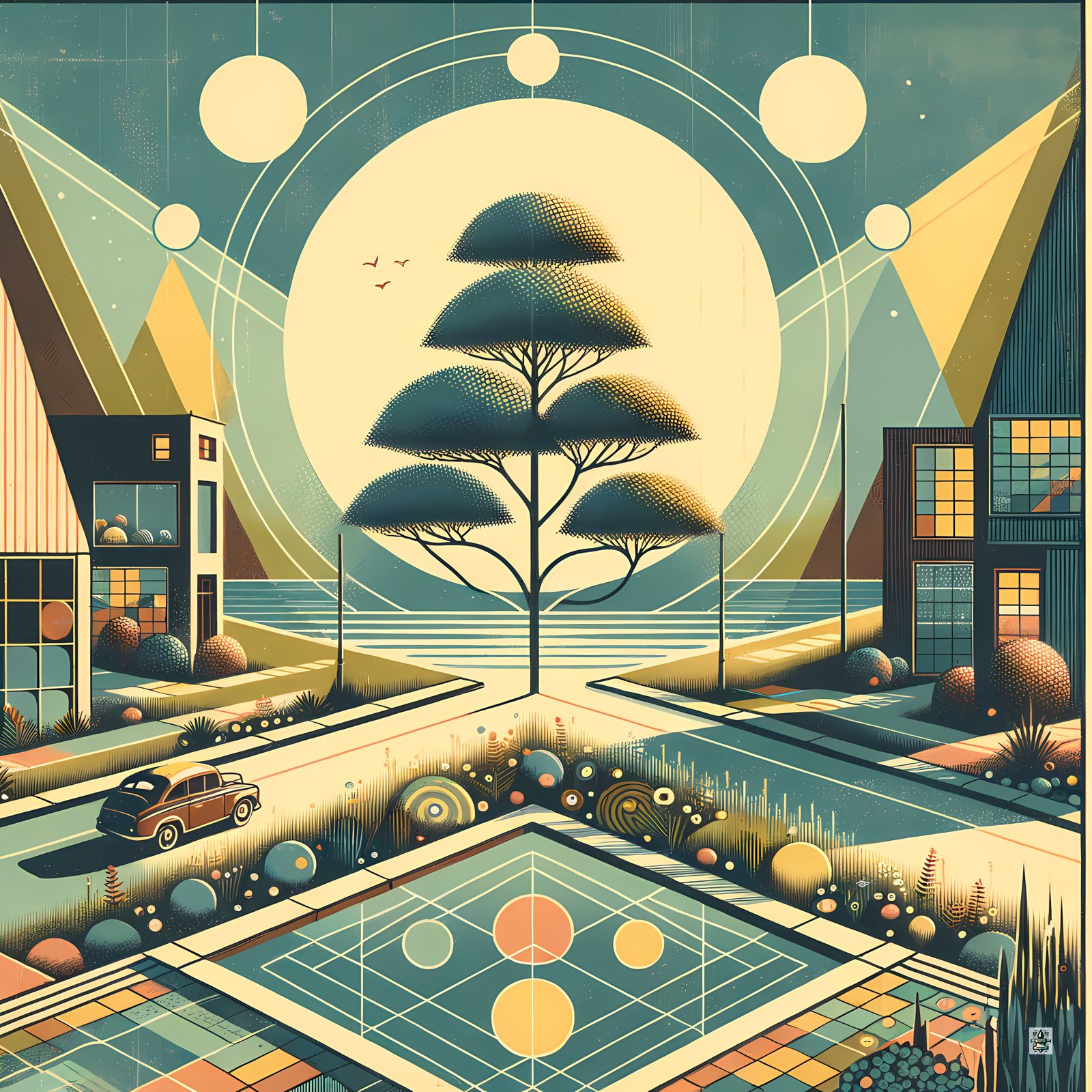 Retro Geometric Cityscape with Moonlit Tree