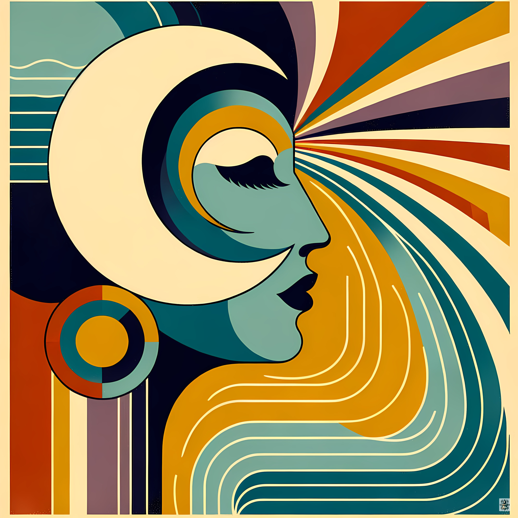 Retro abstract portrait with sunburst lines