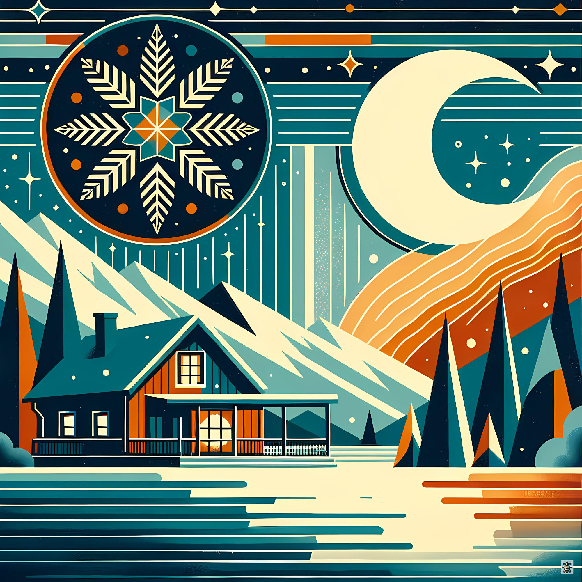 Moonlit Winter Cabin with Snowflake Sky
