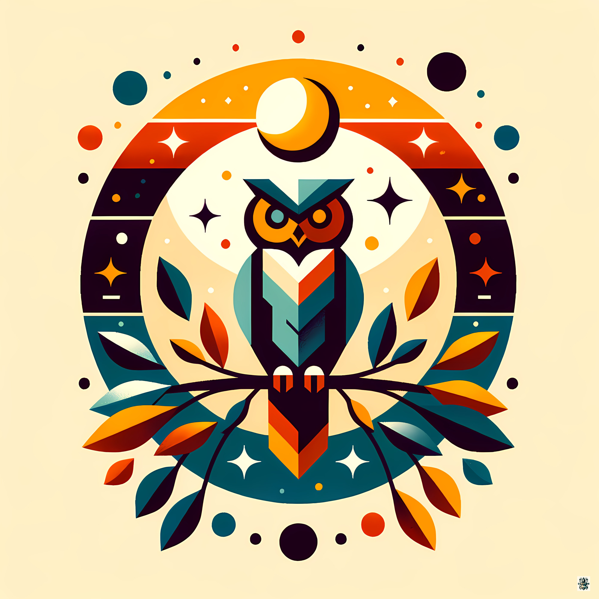 Geometric Owl with Moon and Autumn Leaves